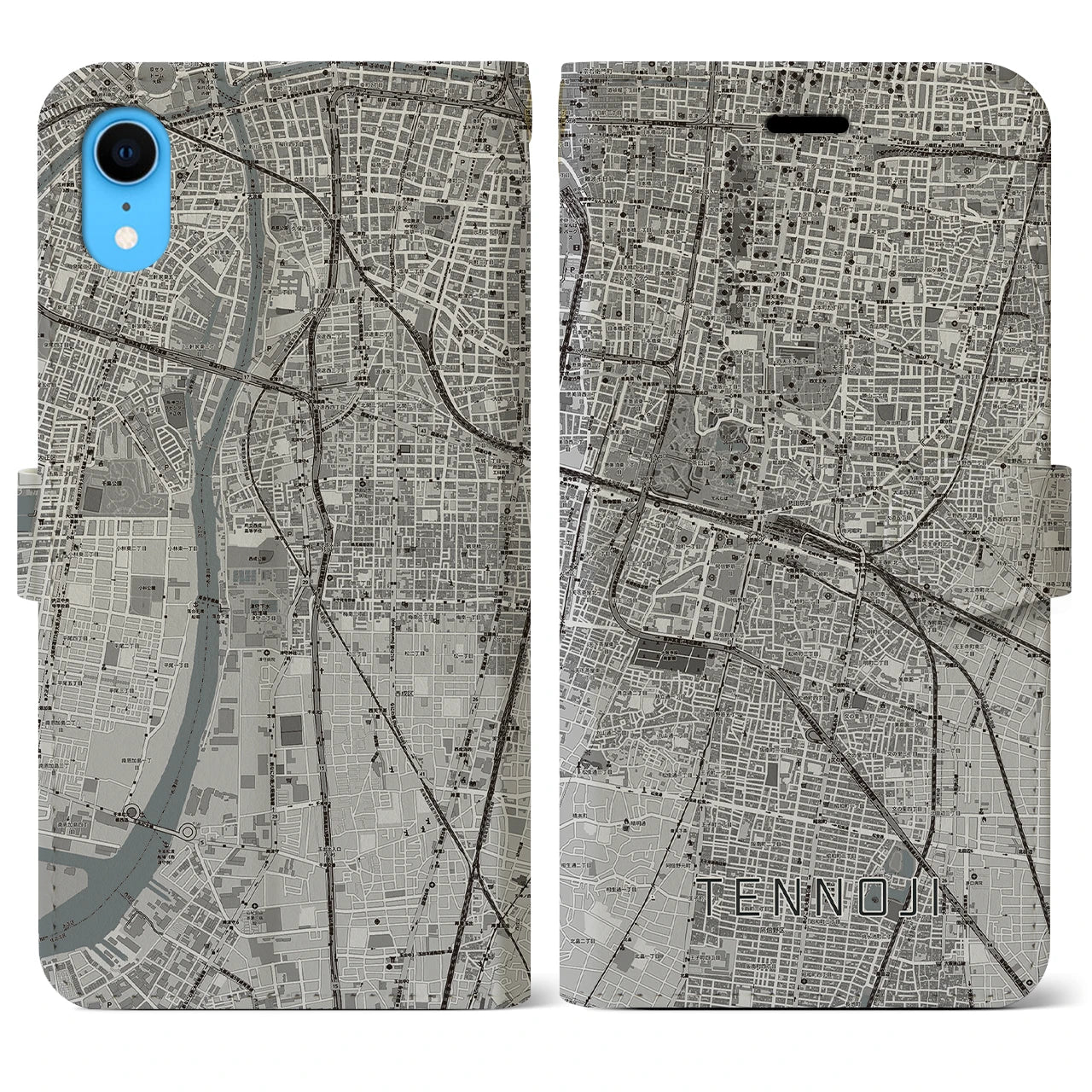 【天王寺(大阪府)】地図柄iPhoneケース(手帳タイプ)モノトーン・iPhone XR 用