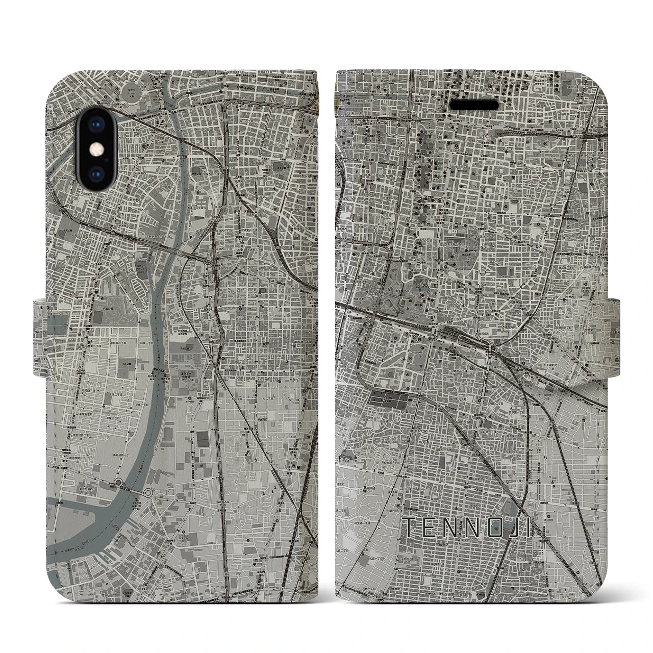 【天王寺(大阪府)】地図柄iPhoneケース(手帳タイプ)モノトーン・iPhone XS / X 用