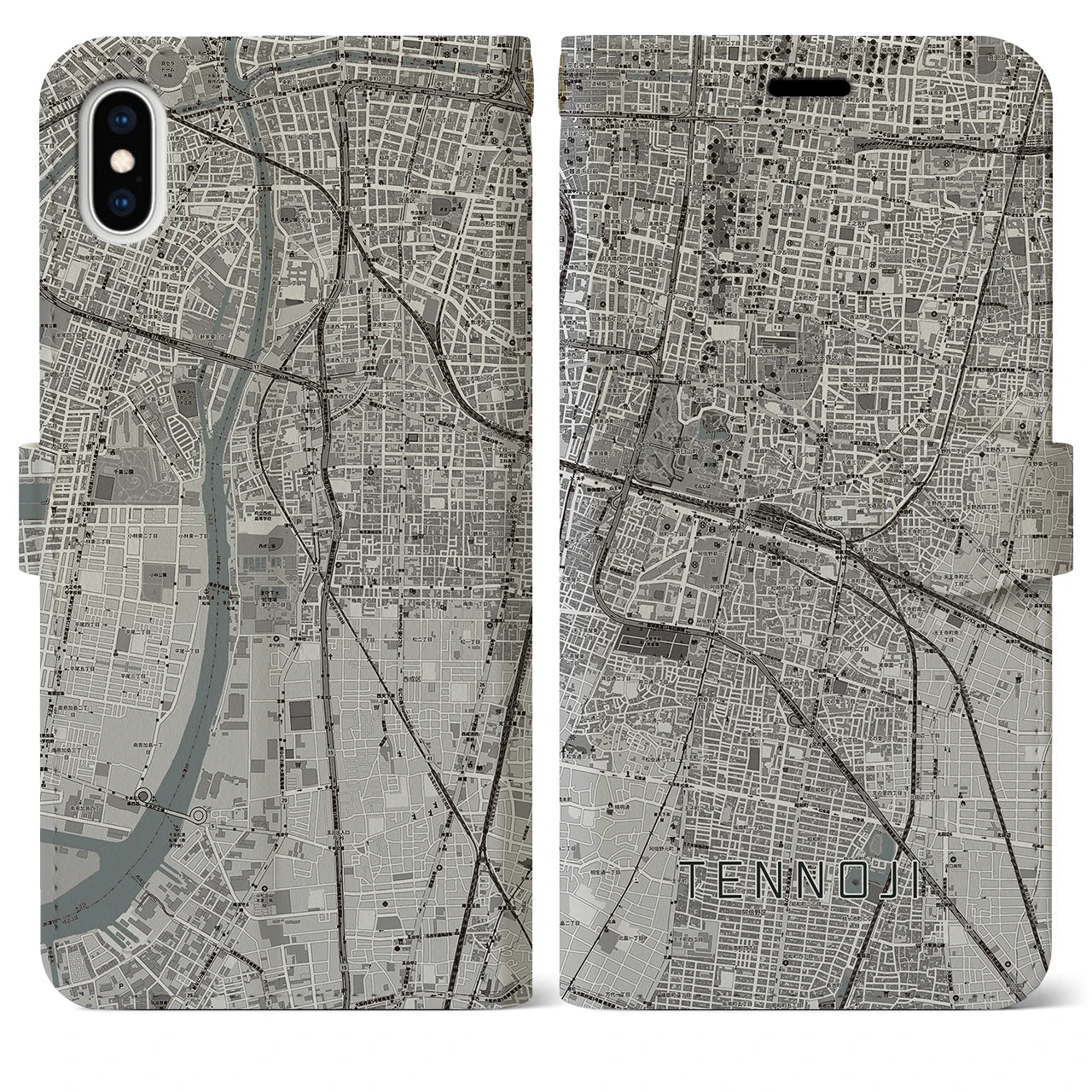 【天王寺(大阪府)】地図柄iPhoneケース(手帳タイプ)モノトーン・iPhone XS Max 用