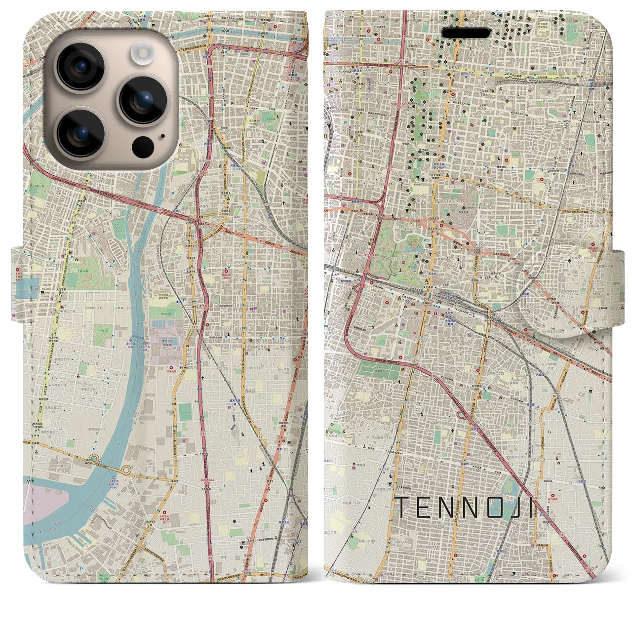 【天王寺(大阪府)】地図柄iPhoneケース(手帳タイプ)ナチュラル・iPhone 16 Plus 用
