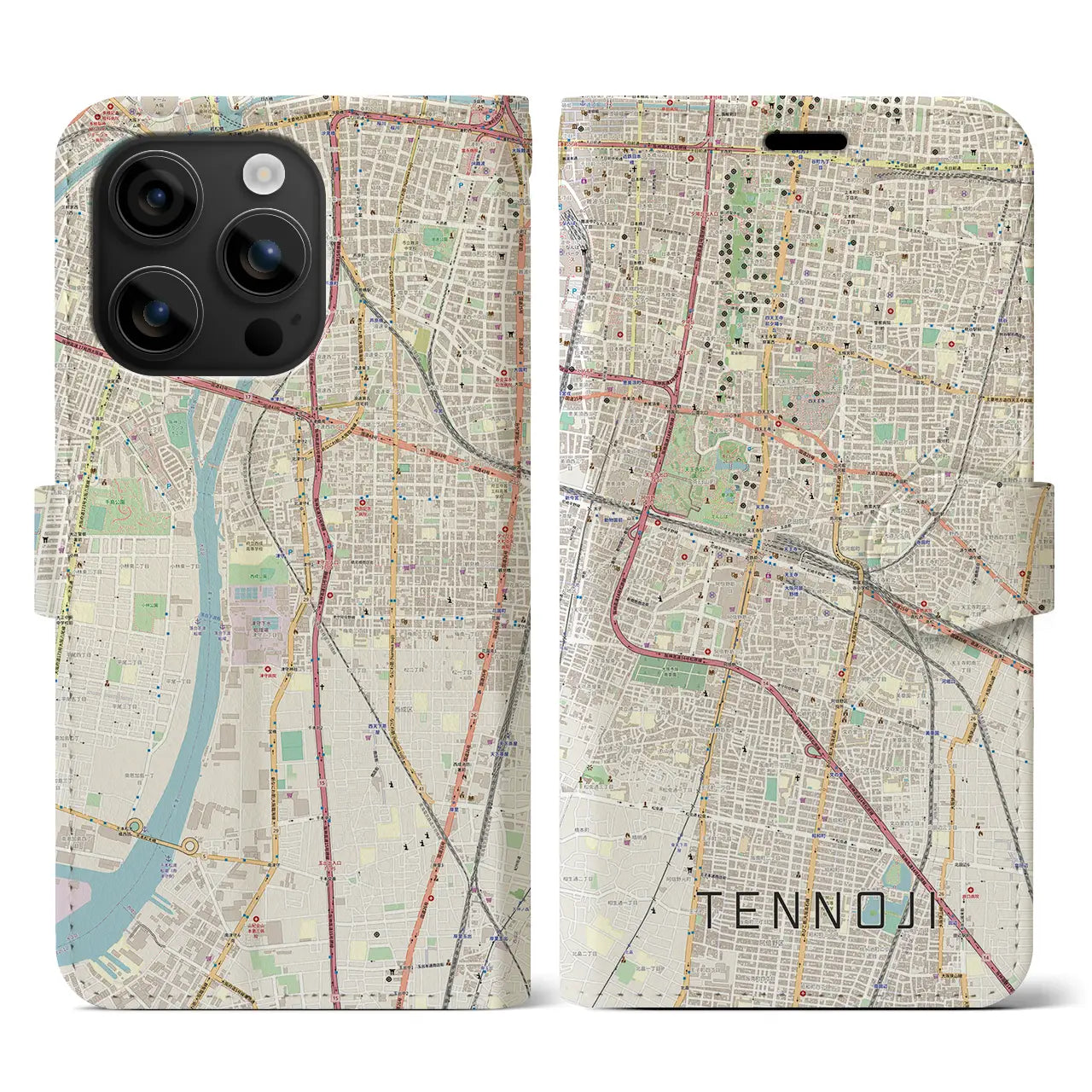 【天王寺(大阪府)】地図柄iPhoneケース(手帳タイプ)ナチュラル・iPhone 16 用