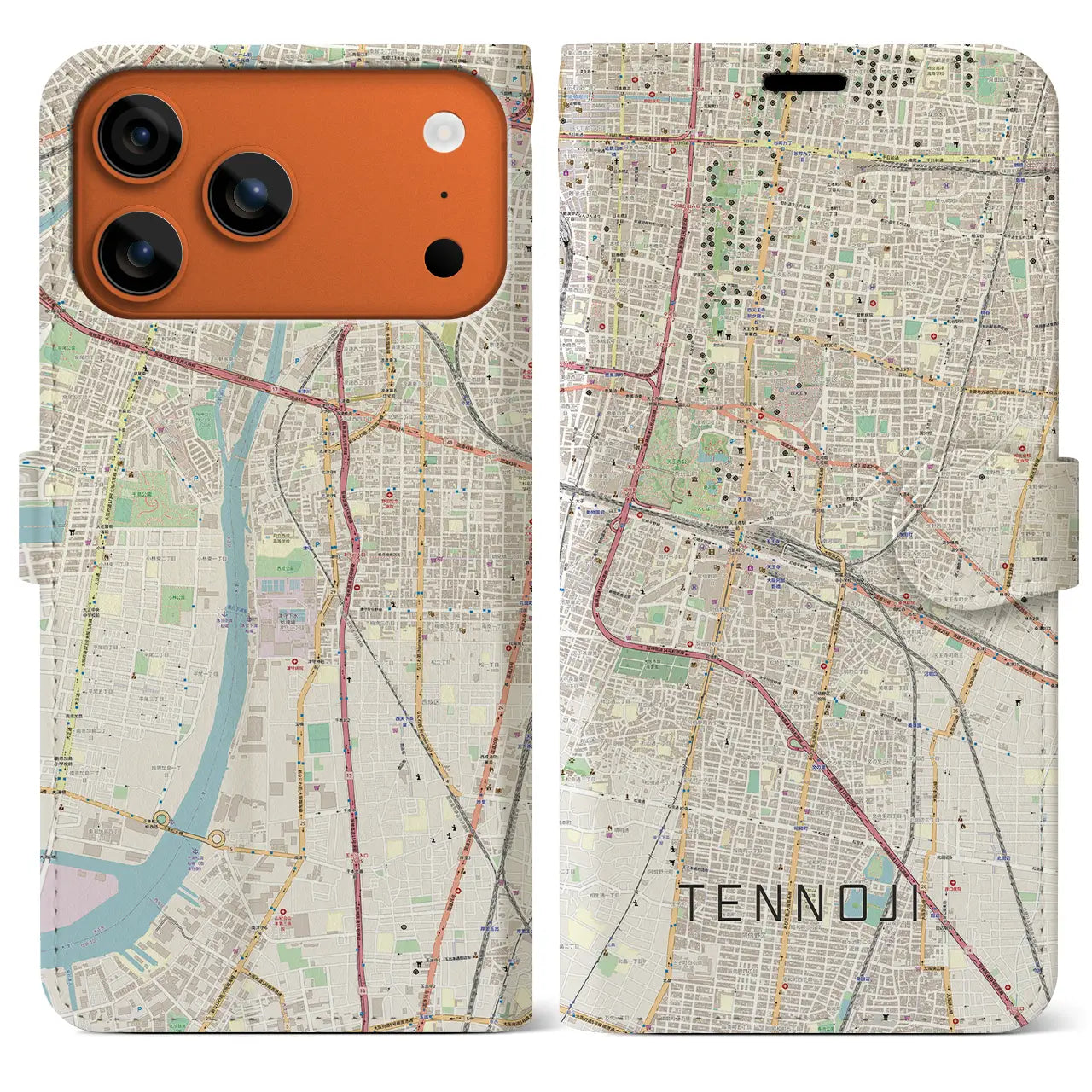 【天王寺(大阪府)】地図柄iPhoneケース(手帳タイプ)モノトーン・iPhone 17 Pro Max 用