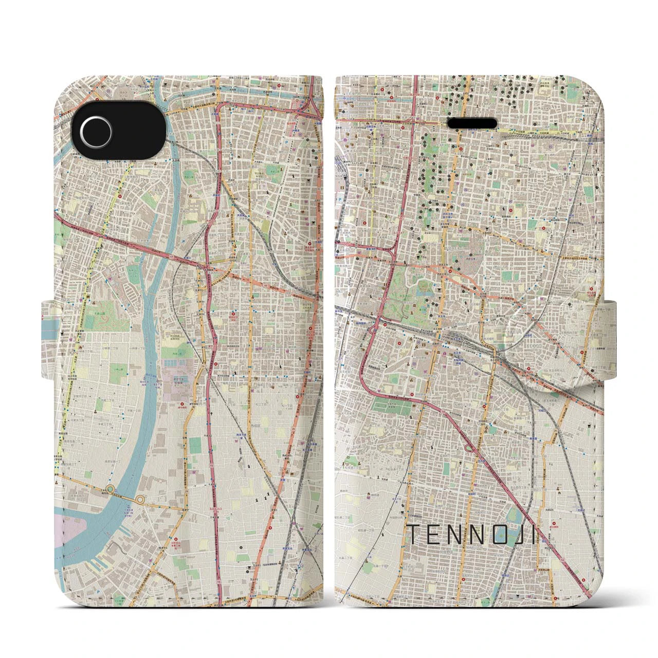 【天王寺(大阪府)】地図柄iPhoneケース(手帳タイプ)ナチュラル・iPhone SE(第3 / 第2世代) / 8 / 7 / 6s / 6 用