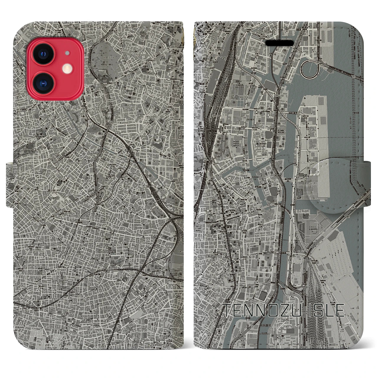 【天王洲アイル(東京都)】地図柄iPhoneケース(手帳タイプ)モノトーン・iPhone 11 用