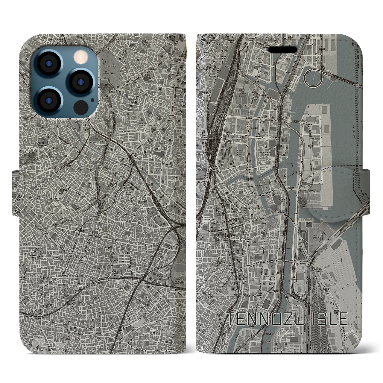 【天王洲アイル(東京都)】地図柄iPhoneケース(手帳タイプ)モノトーン・iPhone 12 / 12 Pro 用