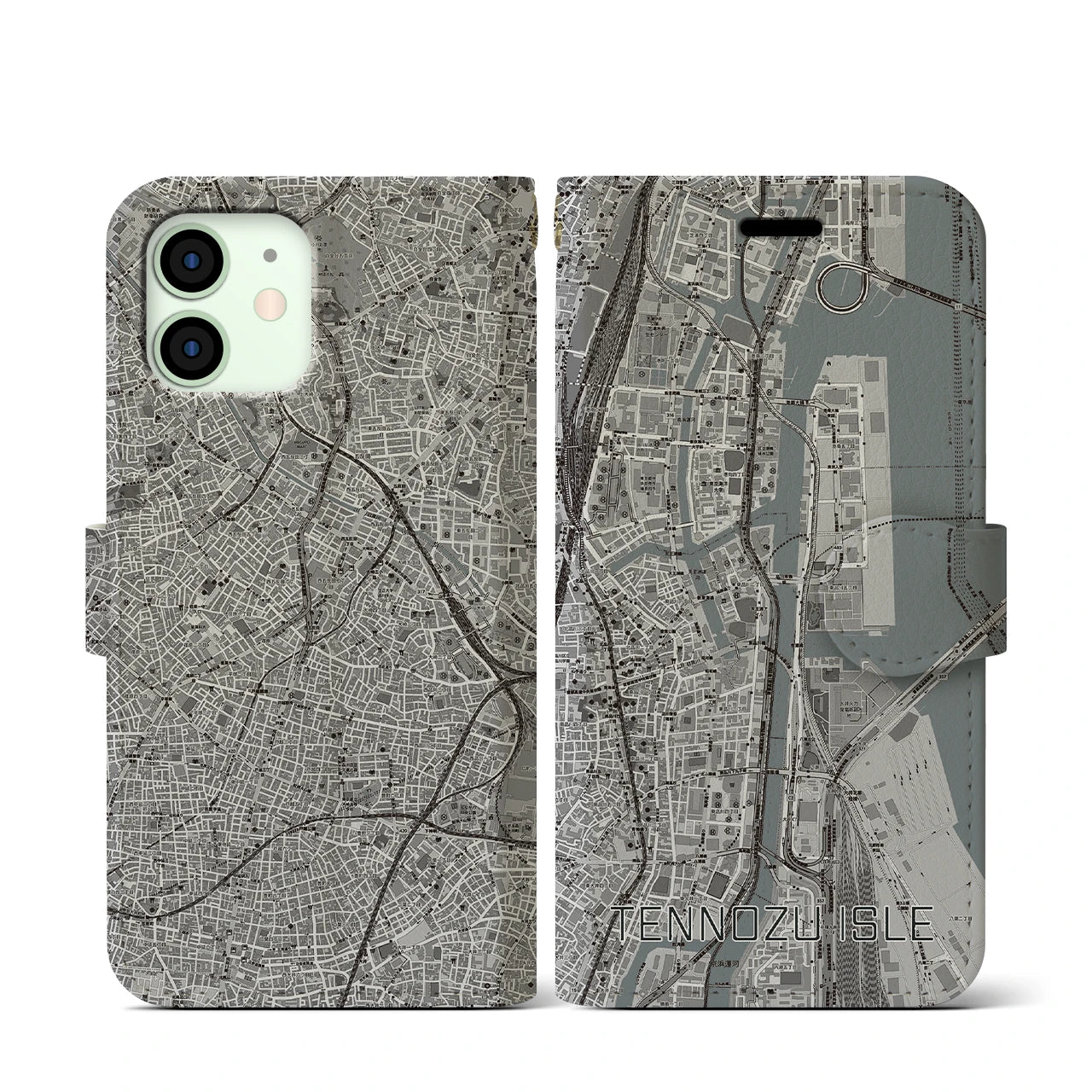 【天王洲アイル(東京都)】地図柄iPhoneケース(手帳タイプ)モノトーン・iPhone 12 mini 用
