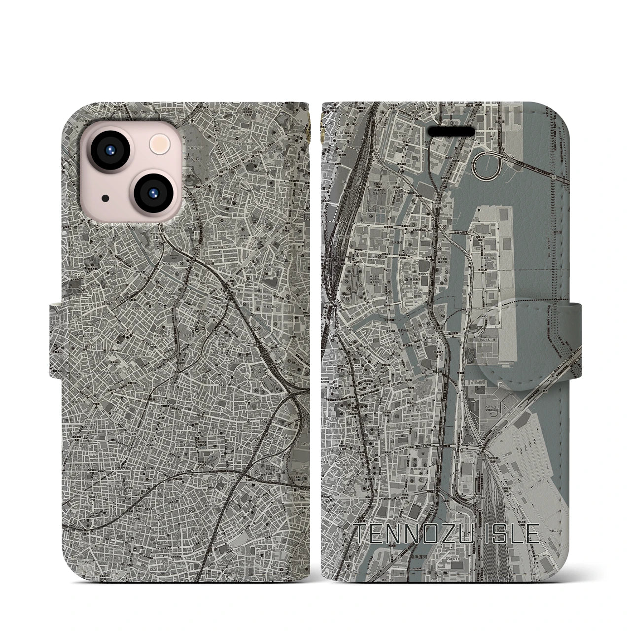 【天王洲アイル(東京都)】地図柄iPhoneケース(手帳タイプ)モノトーン・iPhone 13 mini 用
