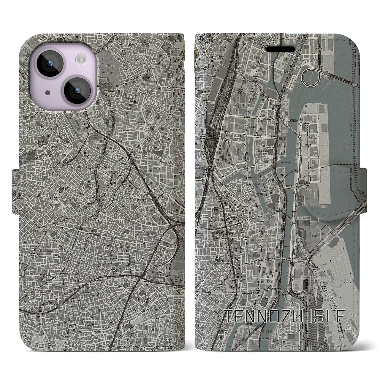 【天王洲アイル(東京都)】地図柄iPhoneケース(手帳タイプ)モノトーン・iPhone 14 用