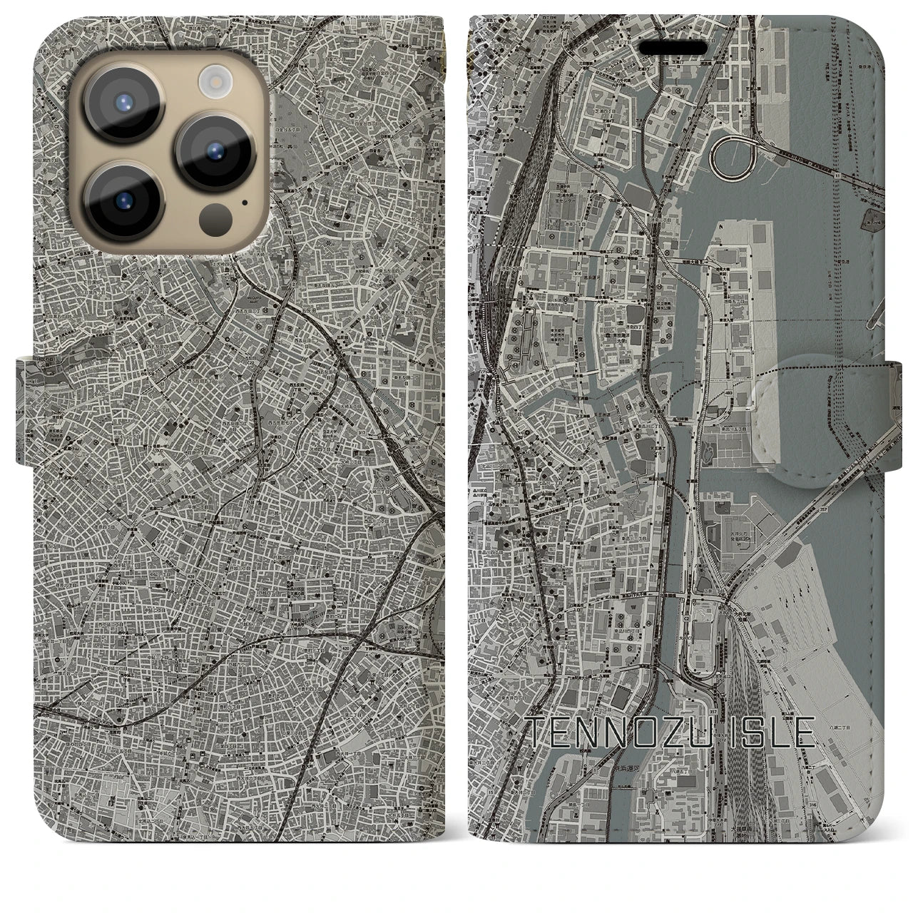 【天王洲アイル(東京都)】地図柄iPhoneケース(手帳タイプ)モノトーン・iPhone 14 Pro Max 用