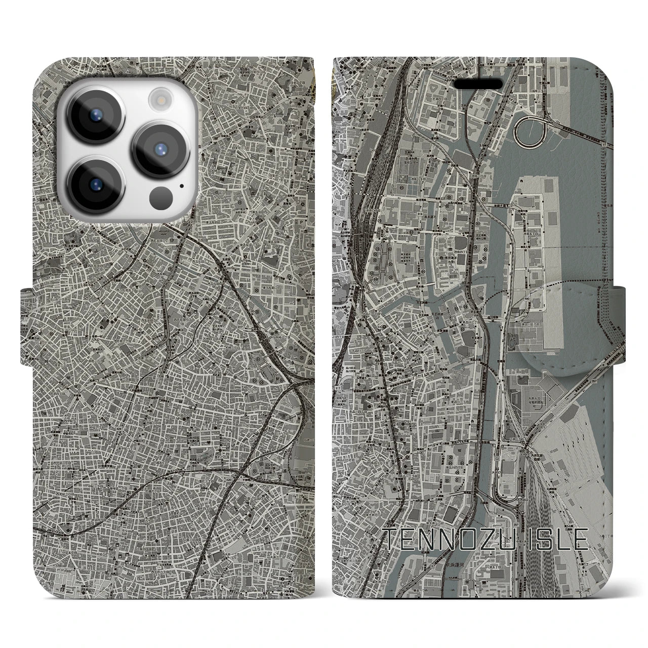 【天王洲アイル(東京都)】地図柄iPhoneケース(手帳タイプ)モノトーン・iPhone 14 Pro 用