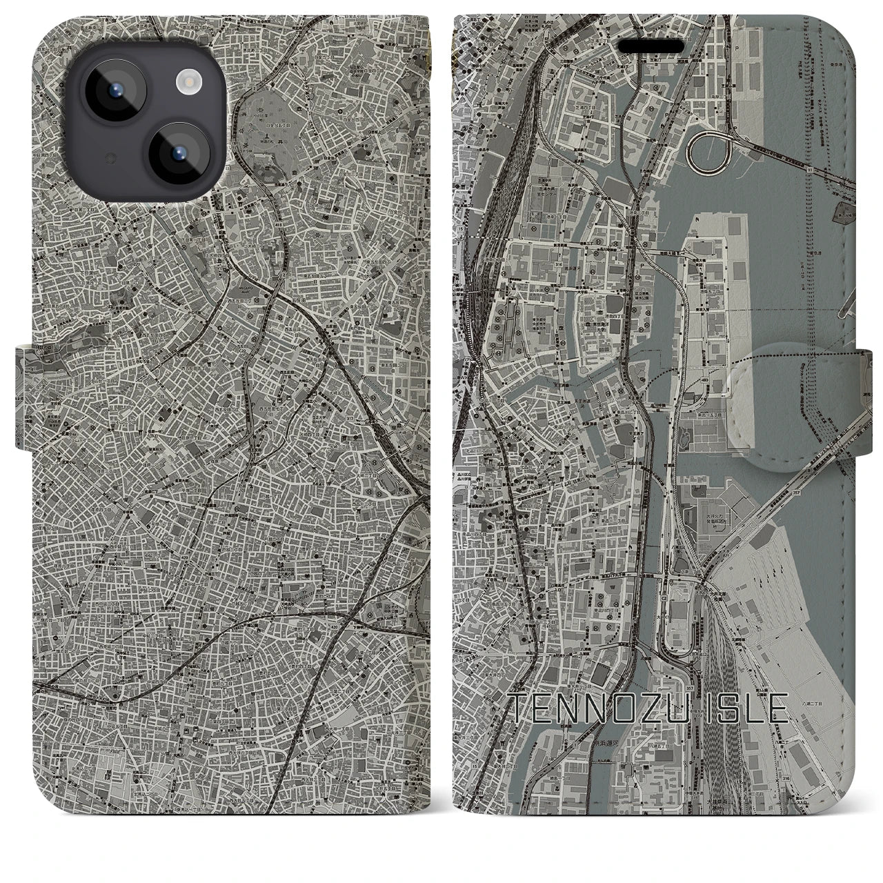 【天王洲アイル(東京都)】地図柄iPhoneケース(手帳タイプ)モノトーン・iPhone 14 Plus 用