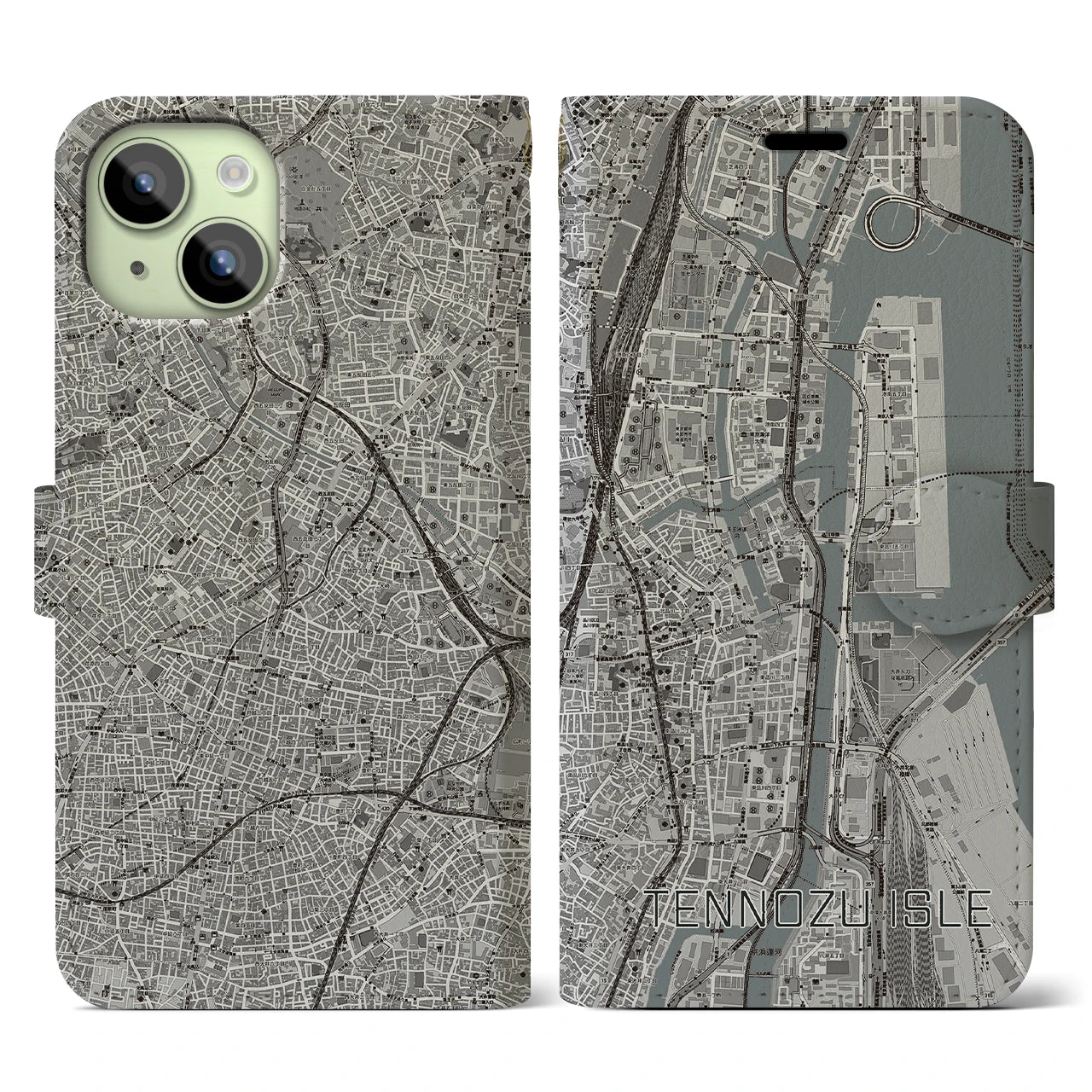 【天王洲アイル(東京都)】地図柄iPhoneケース(手帳タイプ)モノトーン・iPhone 15 用