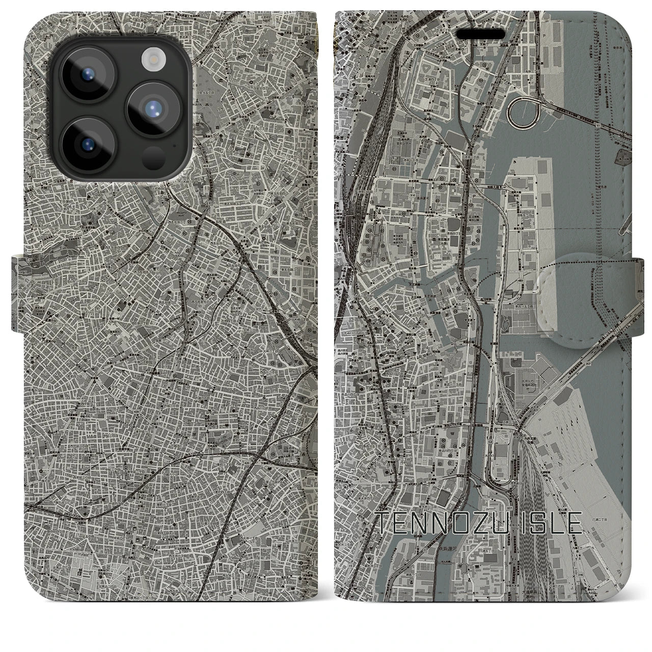 【天王洲アイル(東京都)】地図柄iPhoneケース(手帳タイプ)モノトーン・iPhone 15 Pro Max 用