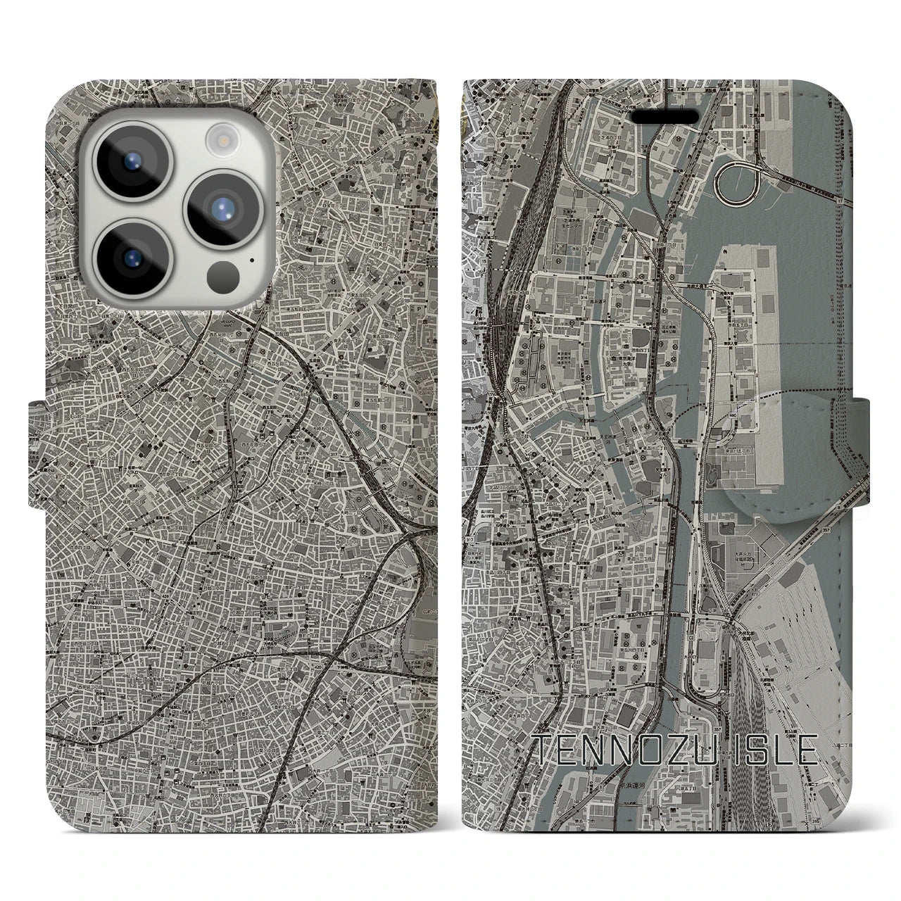 【天王洲アイル(東京都)】地図柄iPhoneケース(手帳タイプ)モノトーン・iPhone 15 Pro 用