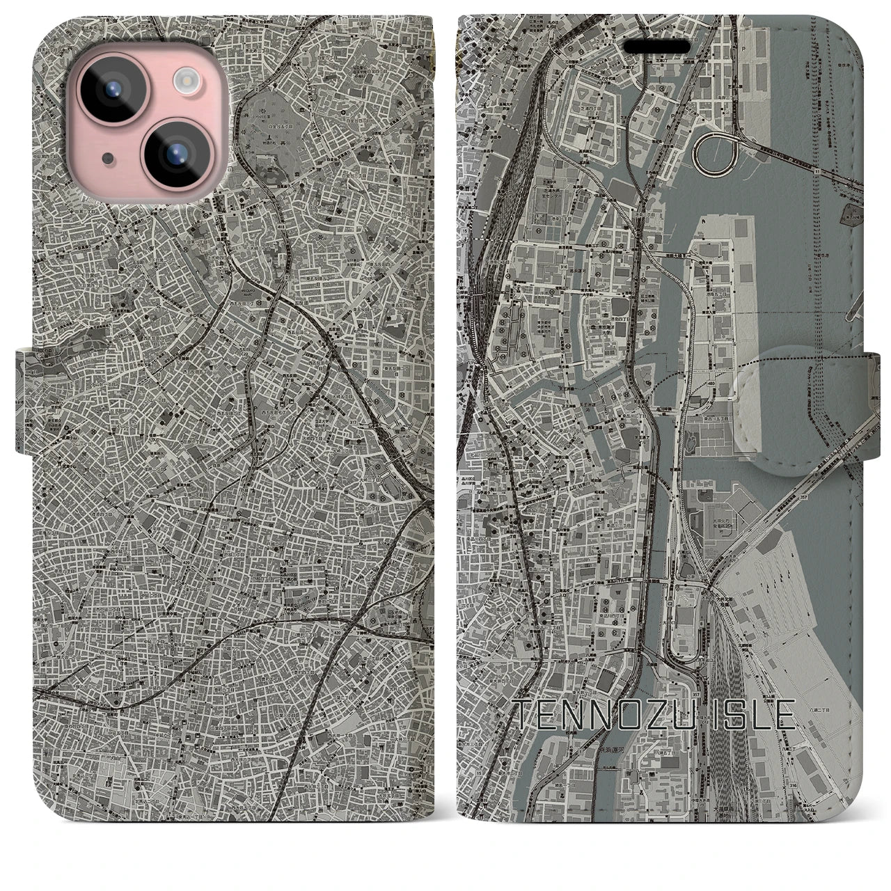 【天王洲アイル(東京都)】地図柄iPhoneケース(手帳タイプ)モノトーン・iPhone 15 Plus 用