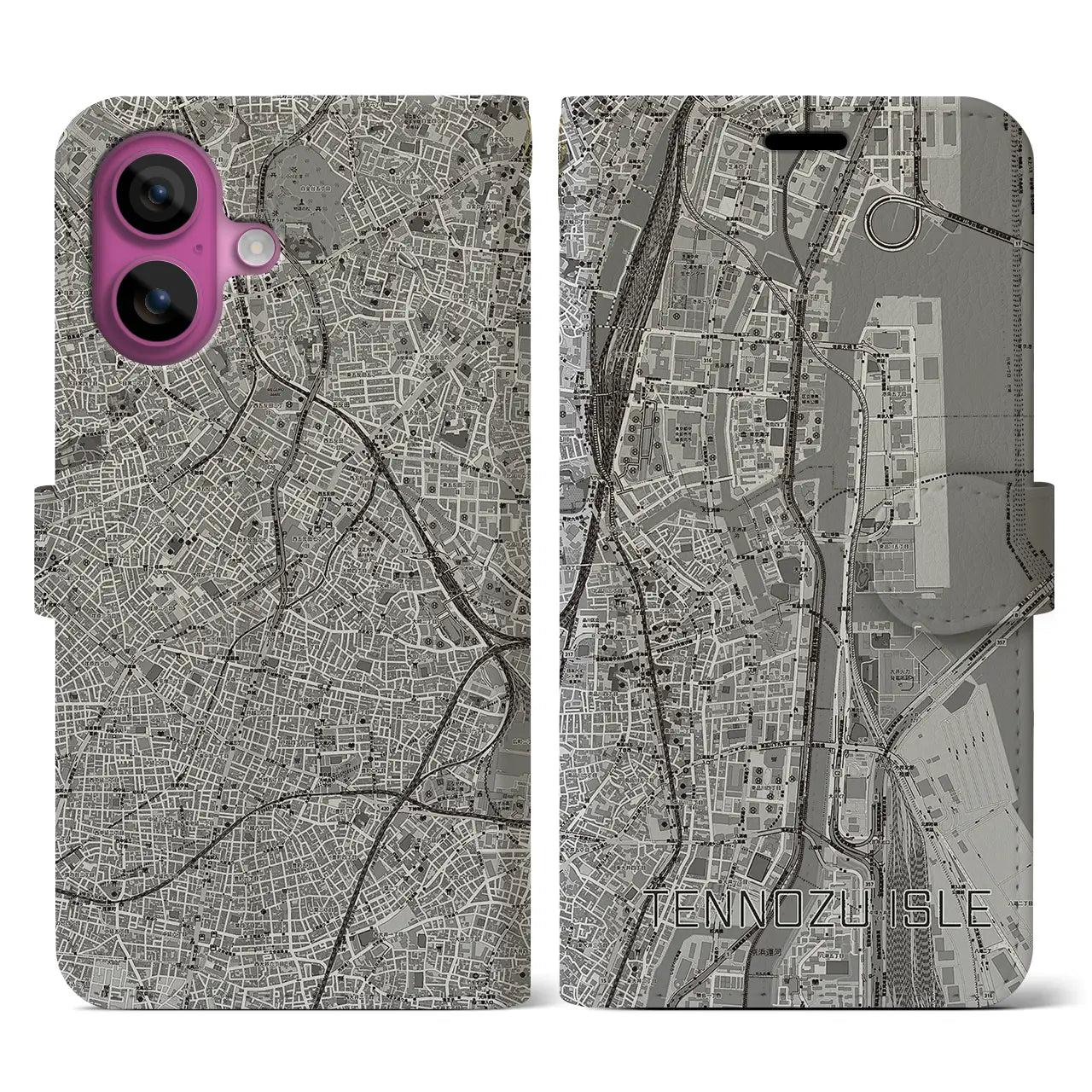 【天王洲アイル(東京都)】地図柄iPhoneケース(手帳タイプ)モノトーン・iPhone 16 Pro 用