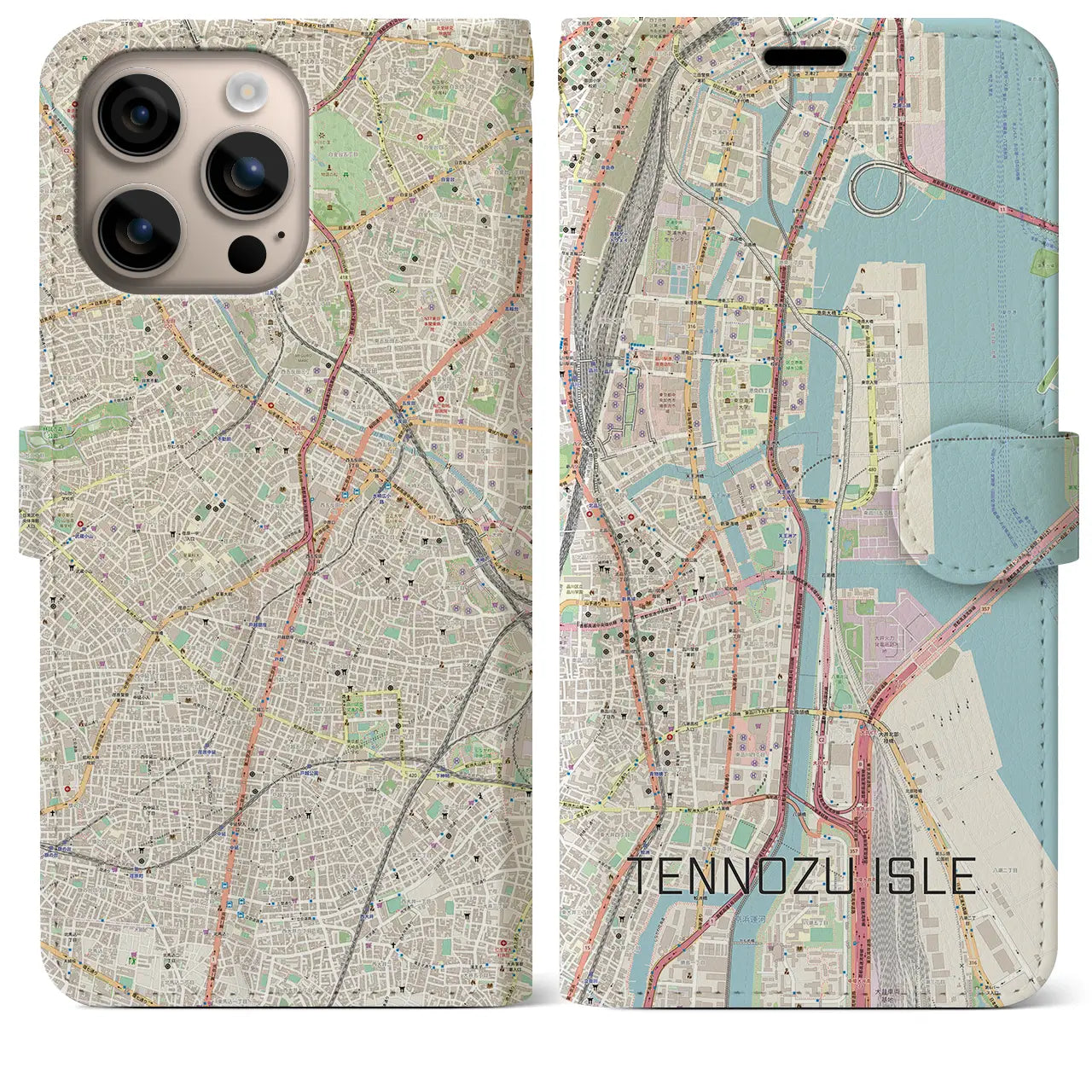 【天王洲アイル(東京都)】地図柄iPhoneケース(手帳タイプ)ナチュラル・iPhone 16 Plus 用