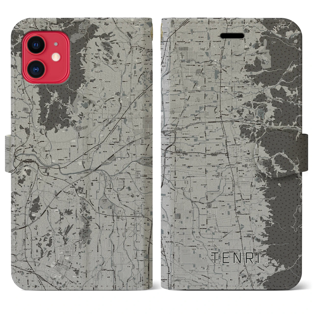 【天理(奈良県)】地図柄iPhoneケース(手帳タイプ)モノトーン・iPhone 11 用