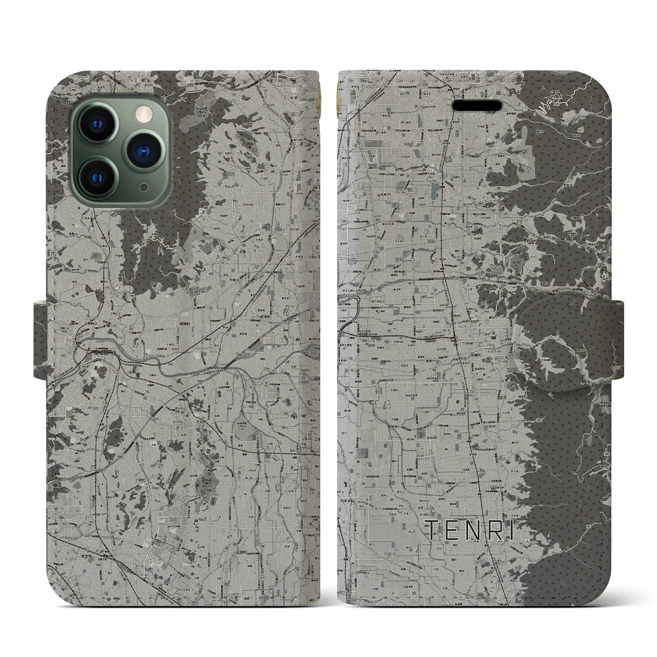 【天理(奈良県)】地図柄iPhoneケース(手帳タイプ)モノトーン・iPhone 11 Pro 用