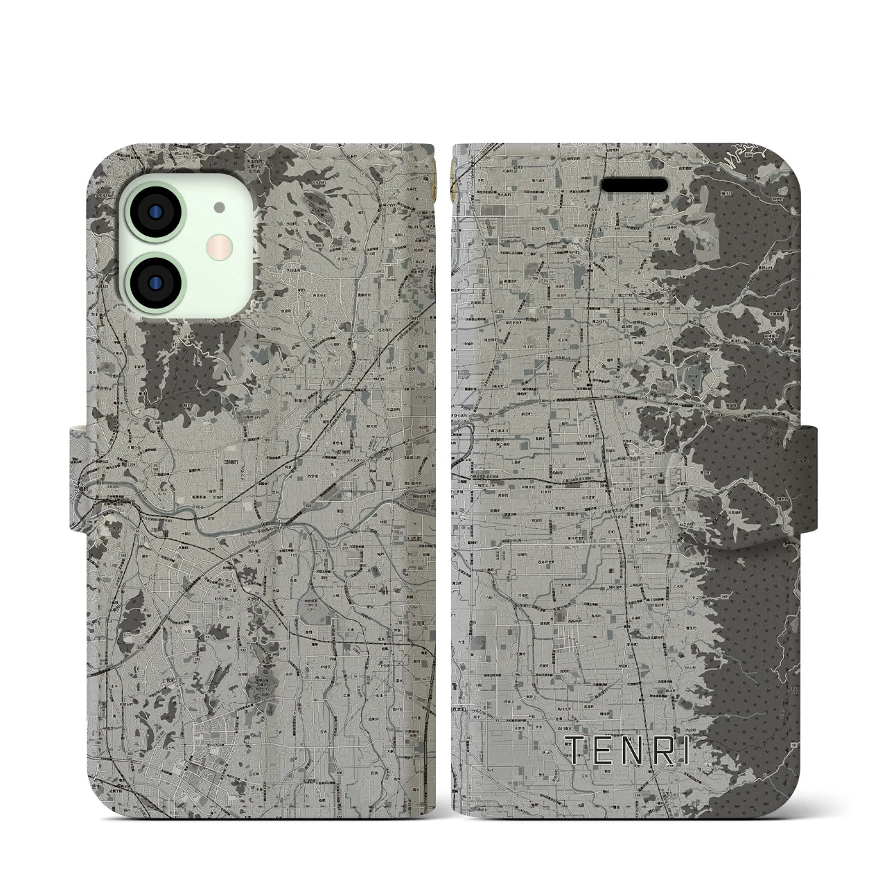 【天理(奈良県)】地図柄iPhoneケース(手帳タイプ)モノトーン・iPhone 12 mini 用
