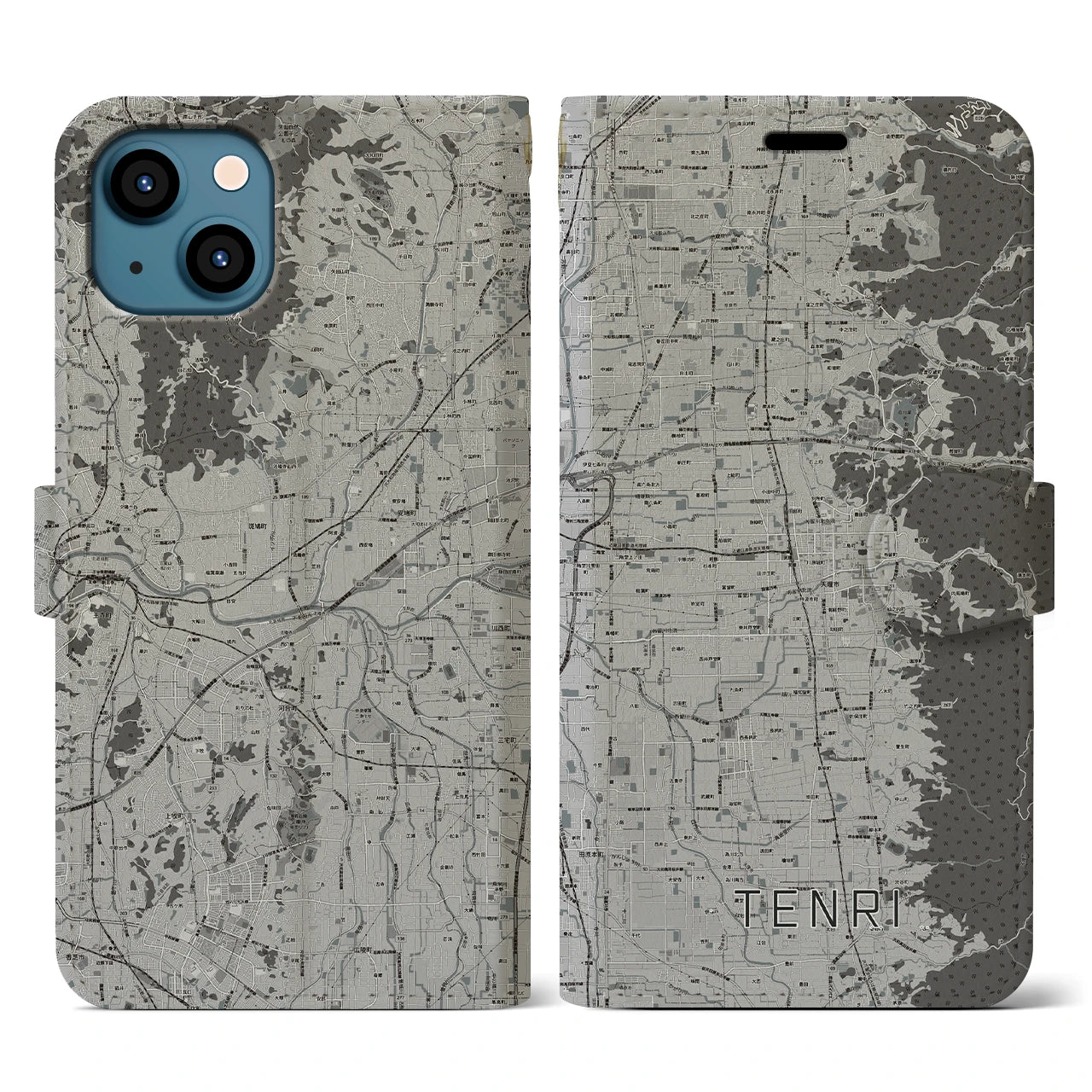 【天理(奈良県)】地図柄iPhoneケース(手帳タイプ)モノトーン・iPhone 13 用
