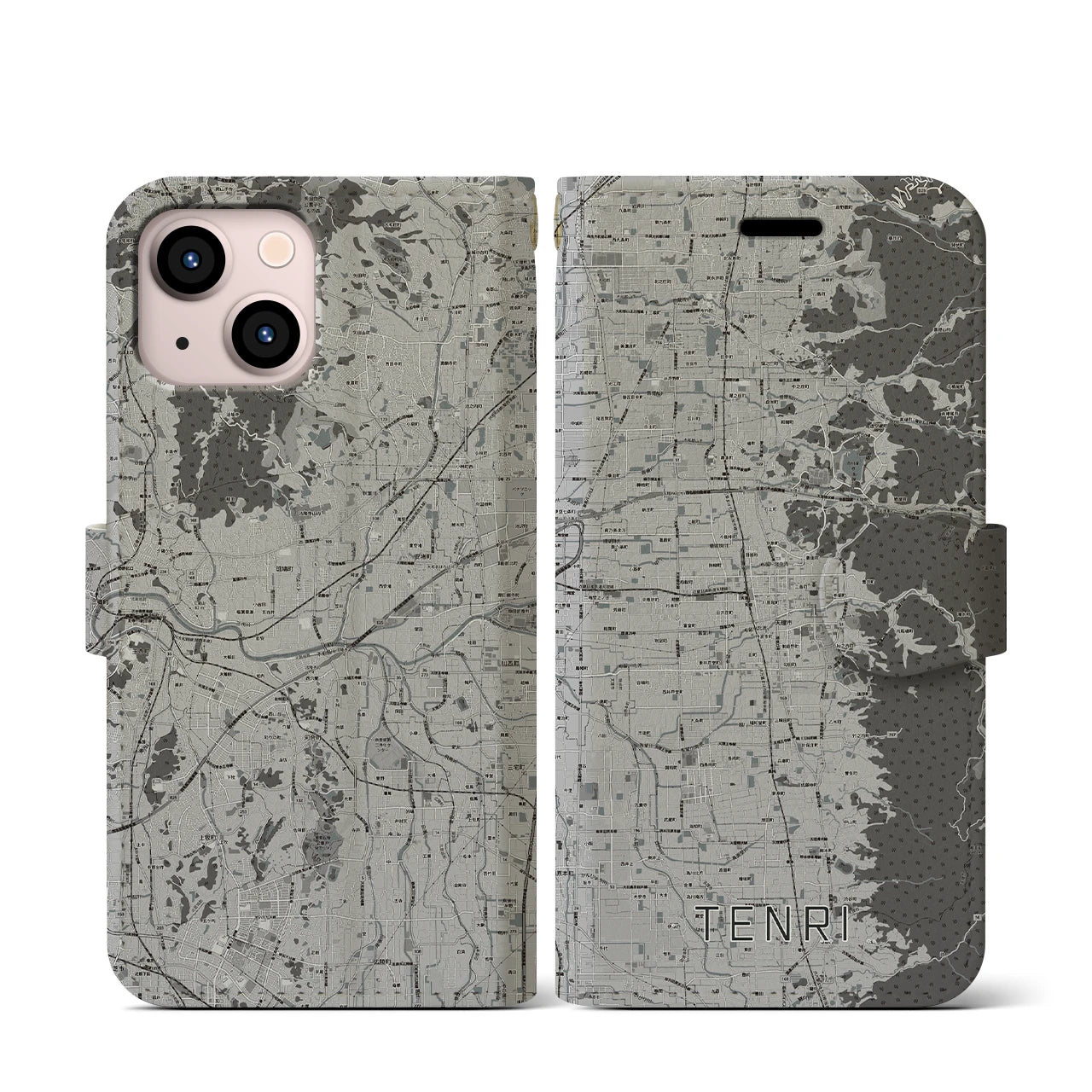 【天理(奈良県)】地図柄iPhoneケース(手帳タイプ)モノトーン・iPhone 13 mini 用