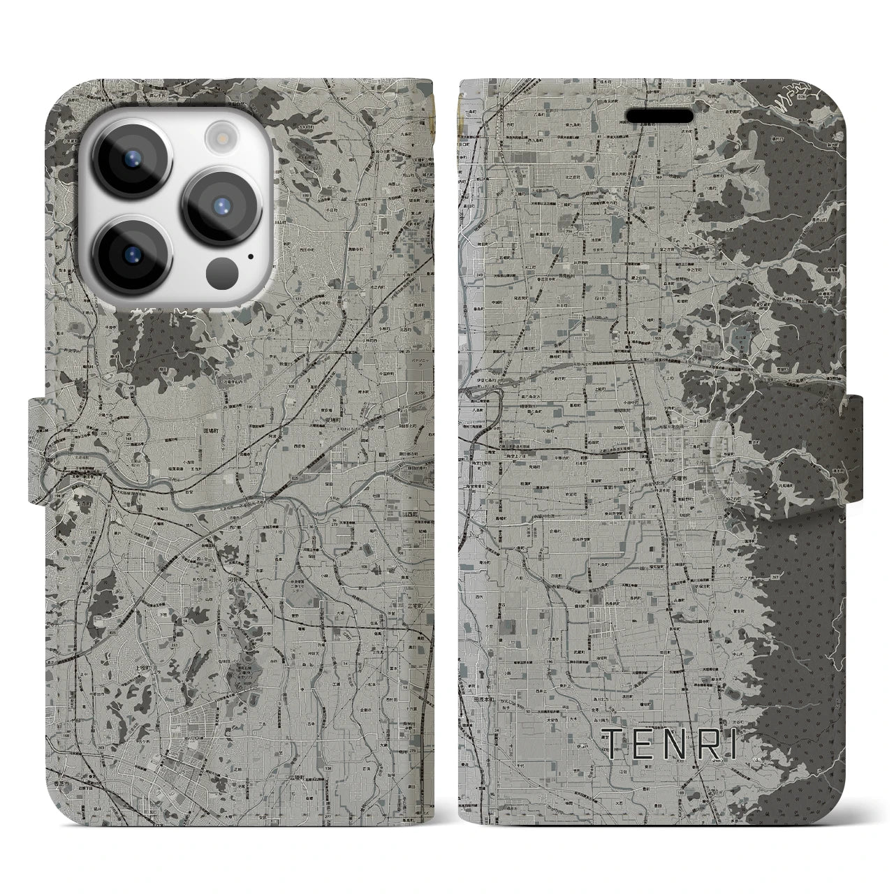 【天理(奈良県)】地図柄iPhoneケース(手帳タイプ)モノトーン・iPhone 14 Pro 用