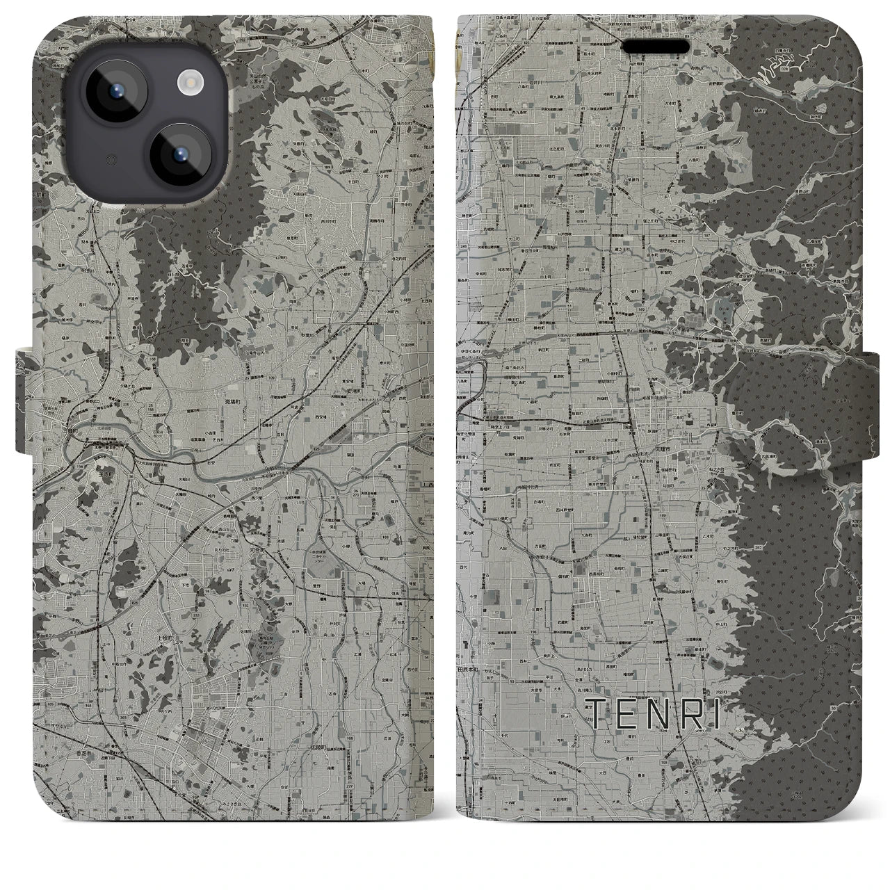 【天理(奈良県)】地図柄iPhoneケース(手帳タイプ)モノトーン・iPhone 14 Plus 用