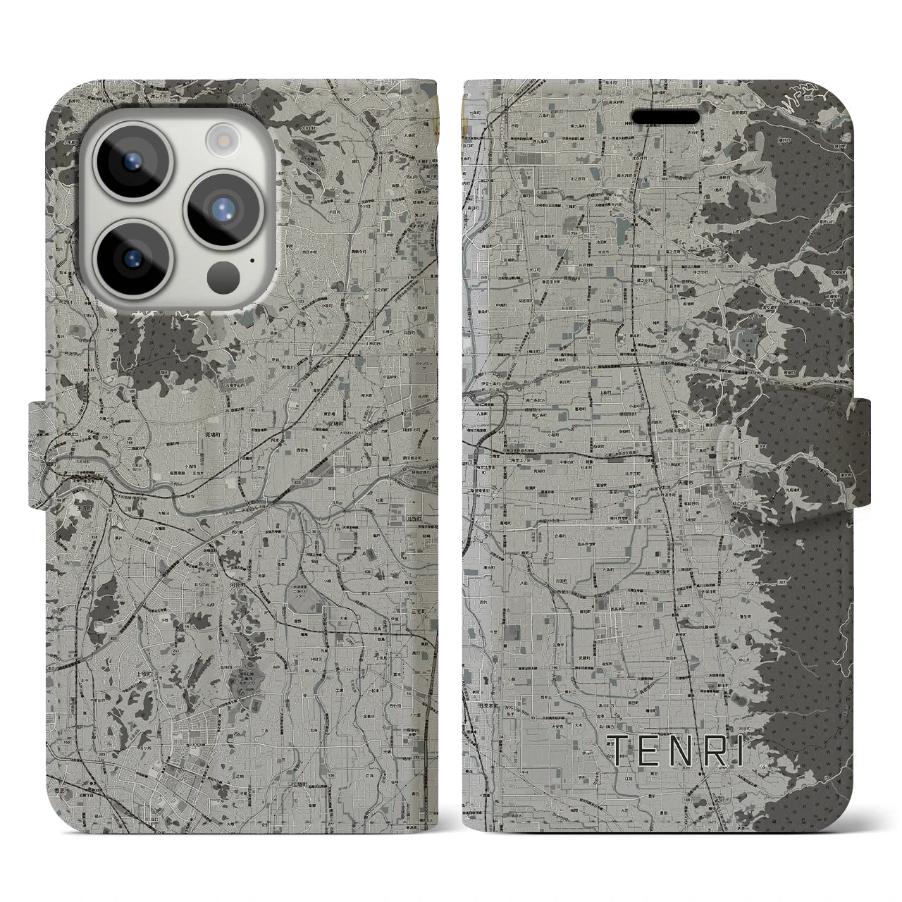 【天理(奈良県)】地図柄iPhoneケース(手帳タイプ)モノトーン・iPhone 15 Pro 用