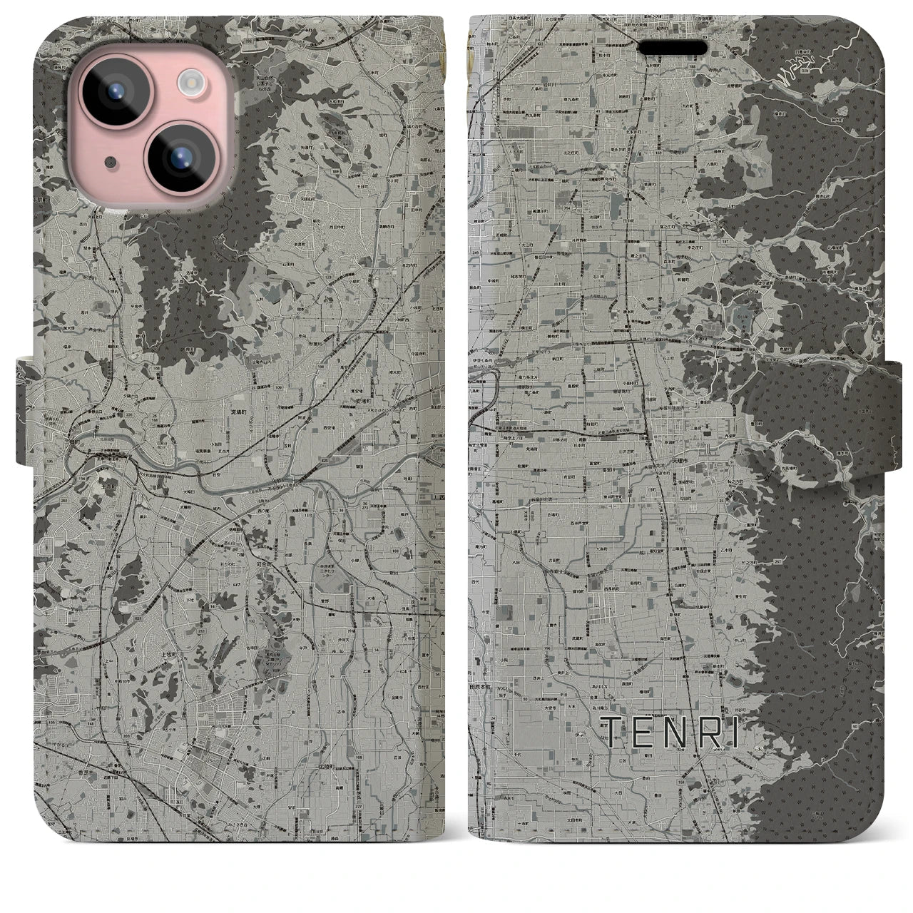 【天理(奈良県)】地図柄iPhoneケース(手帳タイプ)モノトーン・iPhone 15 Plus 用