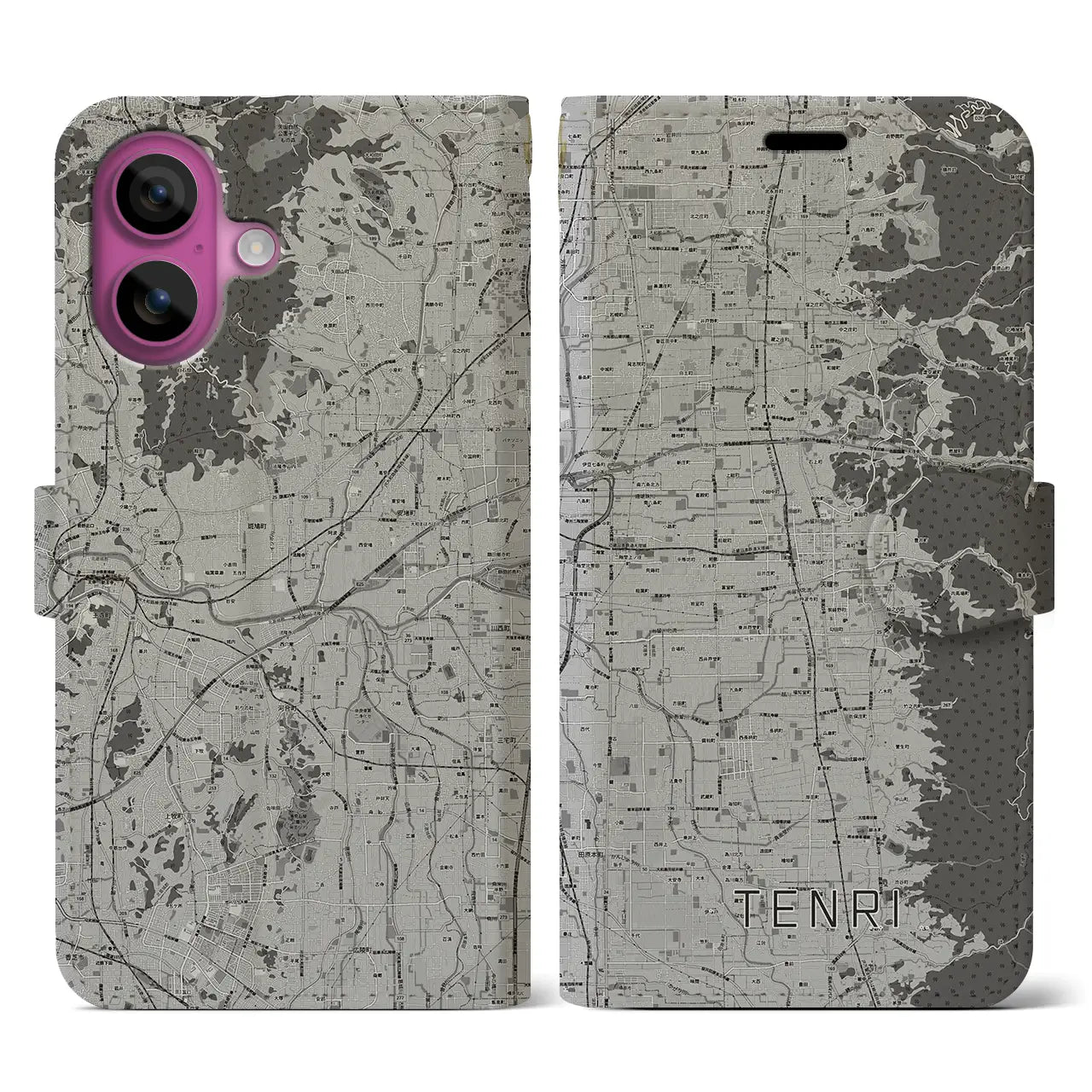 【天理(奈良県)】地図柄iPhoneケース(手帳タイプ)モノトーン・iPhone 16 Pro 用