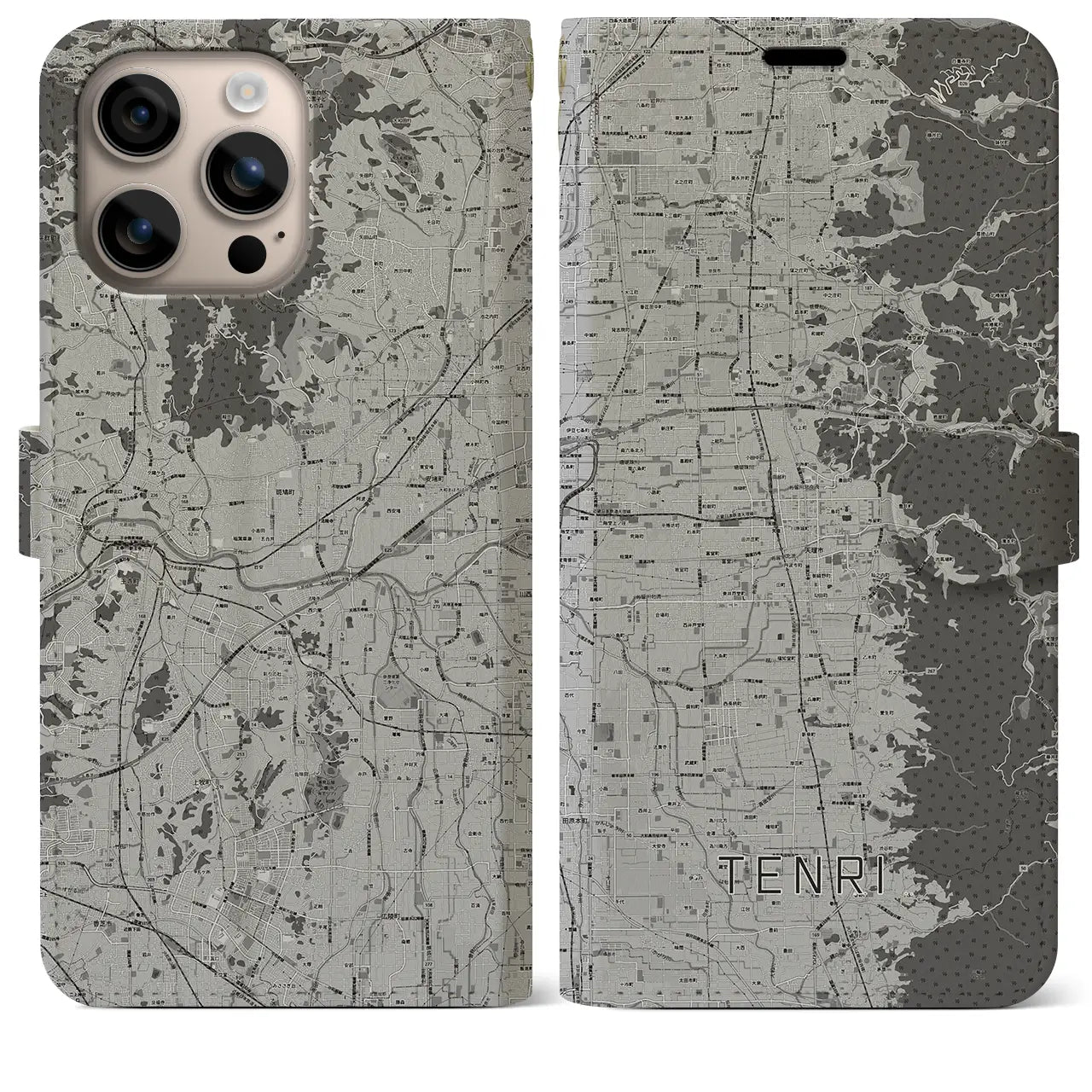 【天理(奈良県)】地図柄iPhoneケース(手帳タイプ)モノトーン・iPhone 16 Plus 用