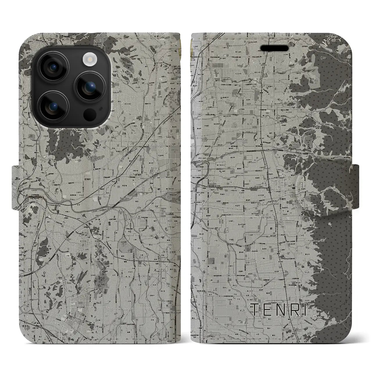 【天理(奈良県)】地図柄iPhoneケース(手帳タイプ)モノトーン・iPhone 16 用