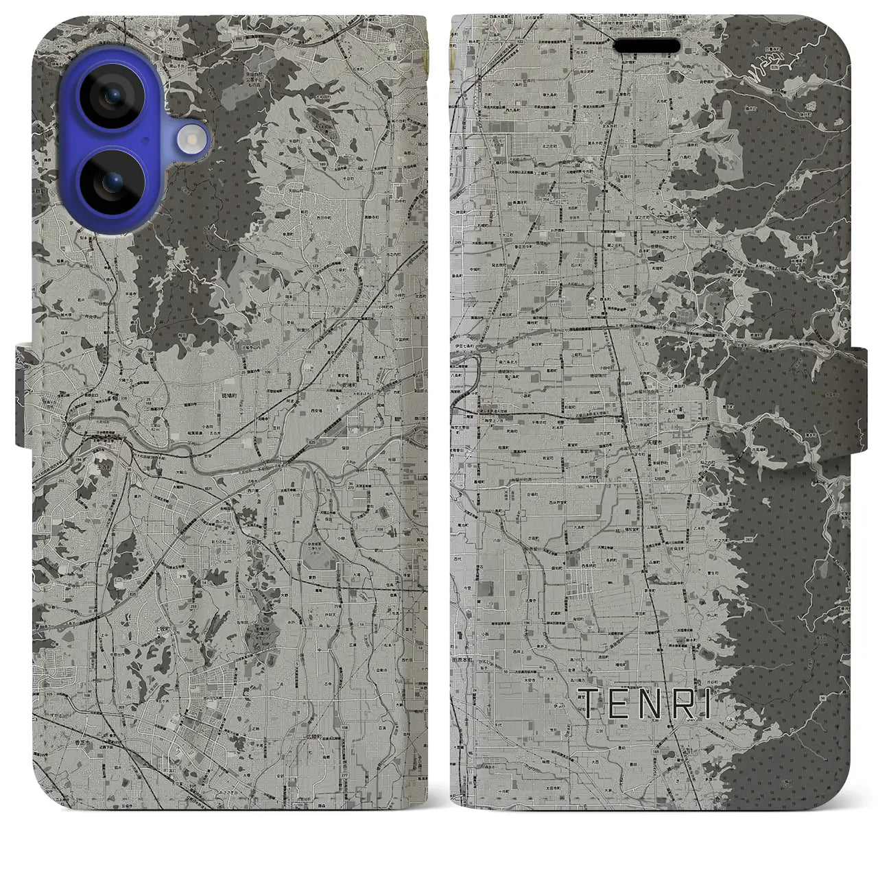 【天理(奈良県)】地図柄iPhoneケース(手帳タイプ)モノトーン・iPhone 16 Pro Max 用