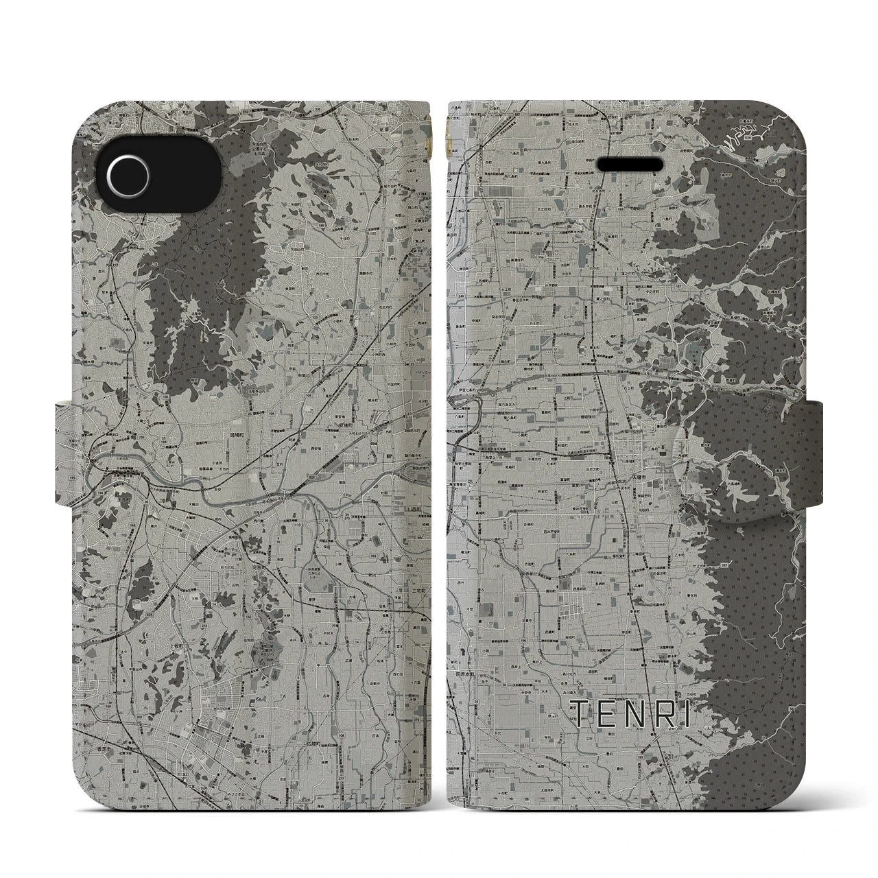 【天理(奈良県)】地図柄iPhoneケース(手帳タイプ)モノトーン・iPhone SE(第3 / 第2世代) / 8 / 7 / 6s / 6 用