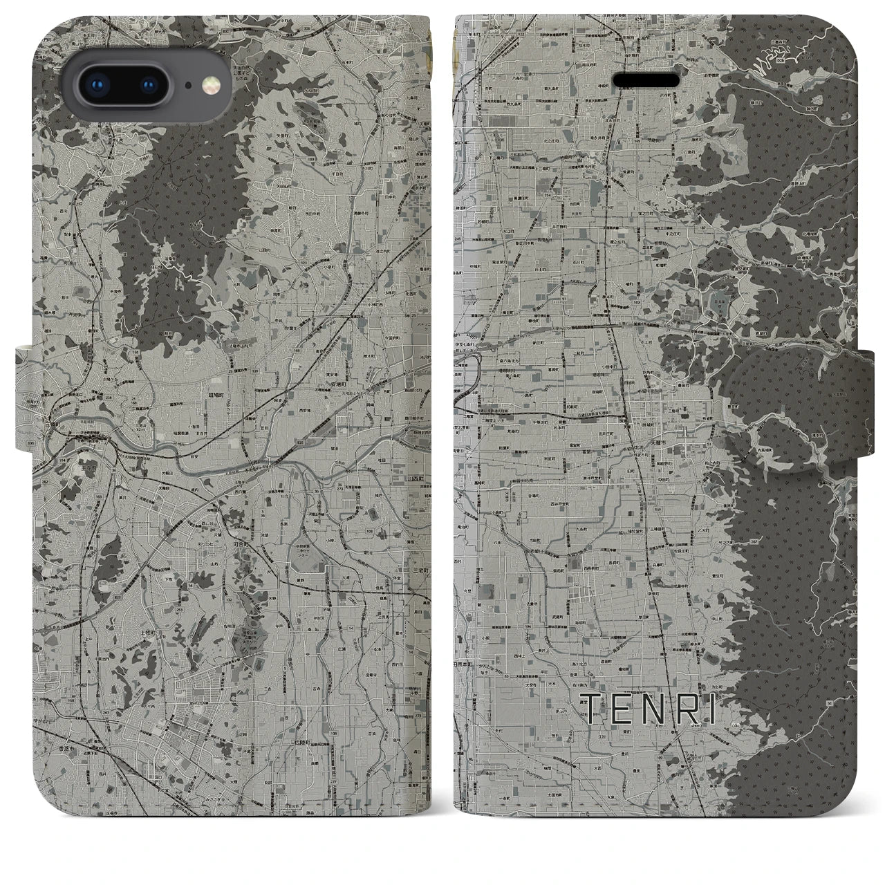 【天理(奈良県)】地図柄iPhoneケース(手帳タイプ)モノトーン・iPhone 8Plus /7Plus / 6sPlus / 6Plus 用