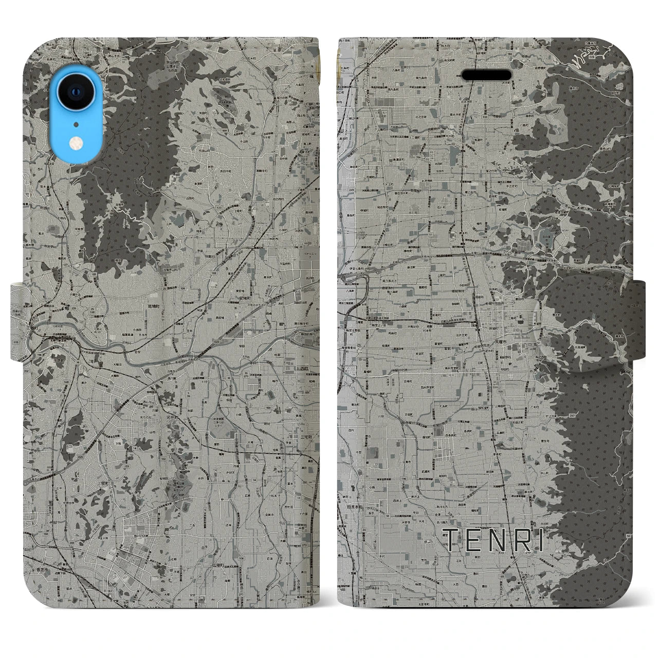 【天理(奈良県)】地図柄iPhoneケース(手帳タイプ)モノトーン・iPhone XR 用