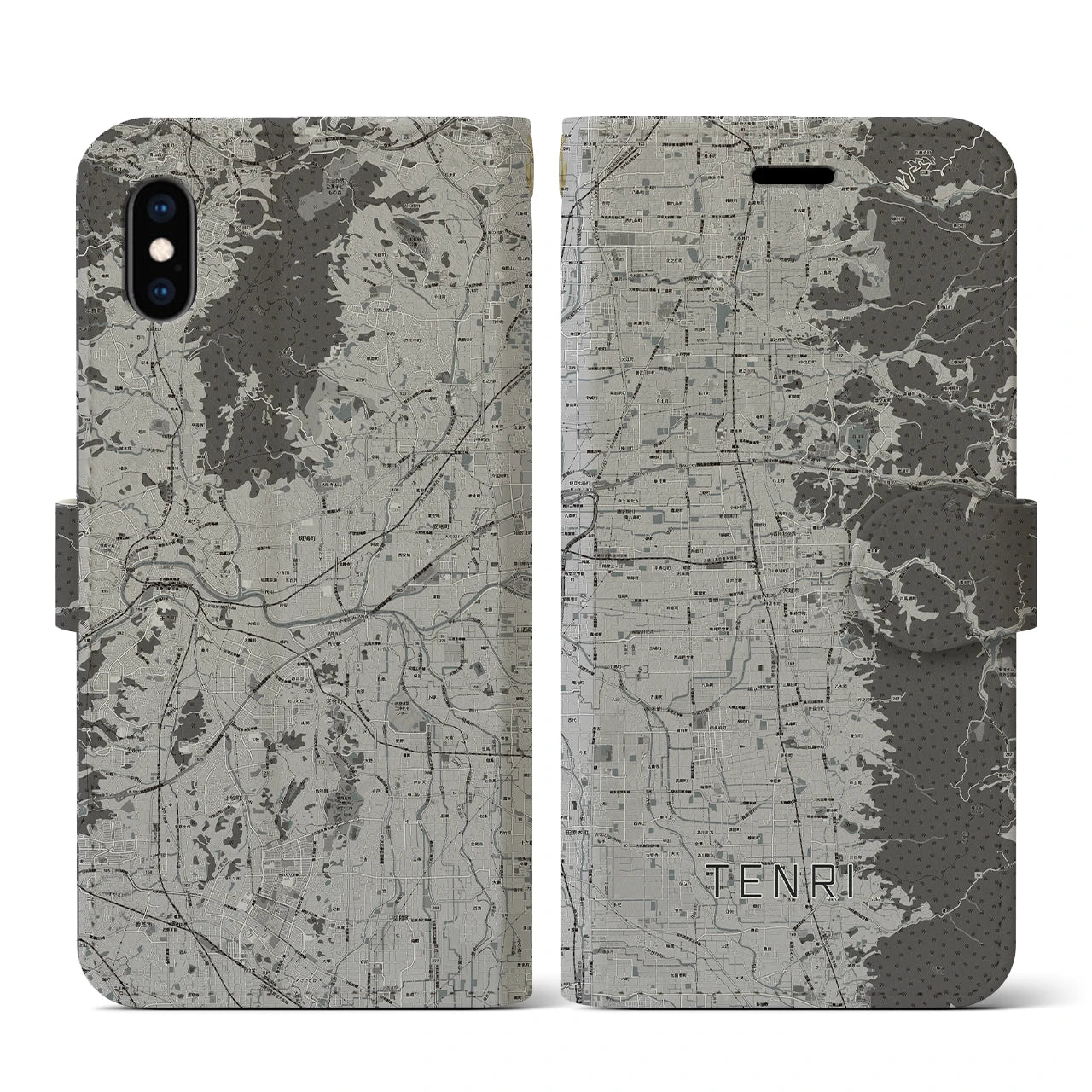 【天理(奈良県)】地図柄iPhoneケース(手帳タイプ)モノトーン・iPhone XS / X 用