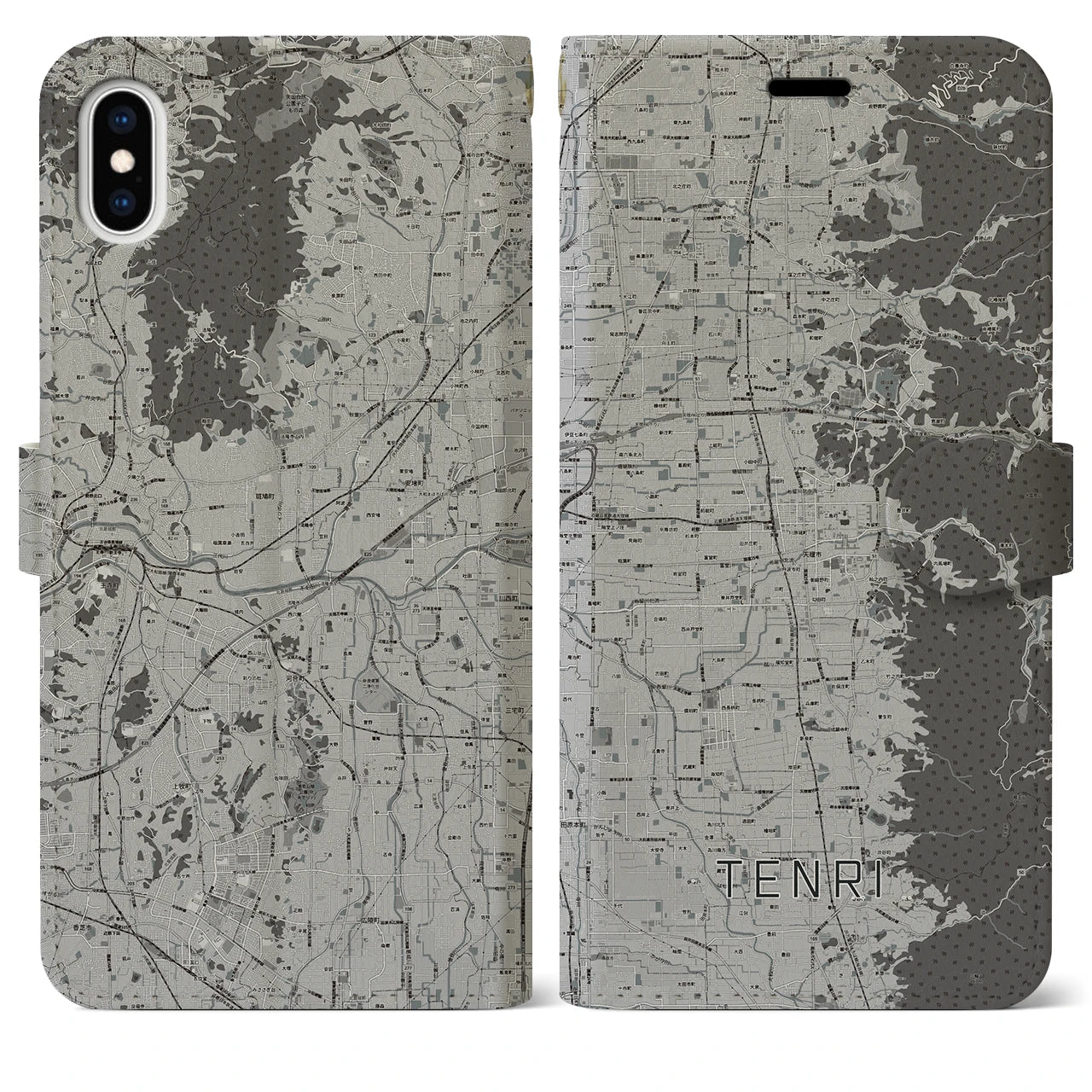 【天理(奈良県)】地図柄iPhoneケース(手帳タイプ)モノトーン・iPhone XS Max 用