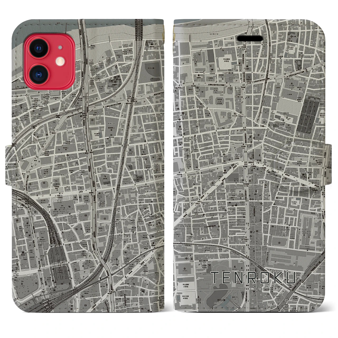 【天六(大阪府)】地図柄iPhoneケース(手帳タイプ)モノトーン・iPhone 11 用