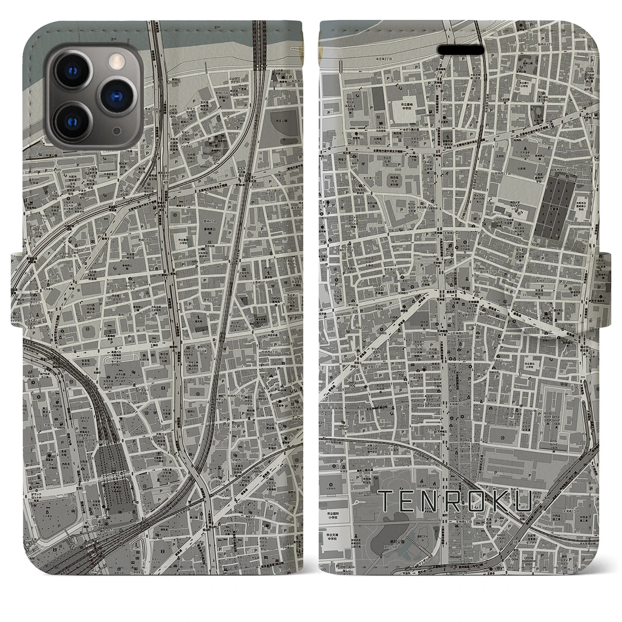 【天六(大阪府)】地図柄iPhoneケース(手帳タイプ)モノトーン・iPhone 11 Pro Max 用