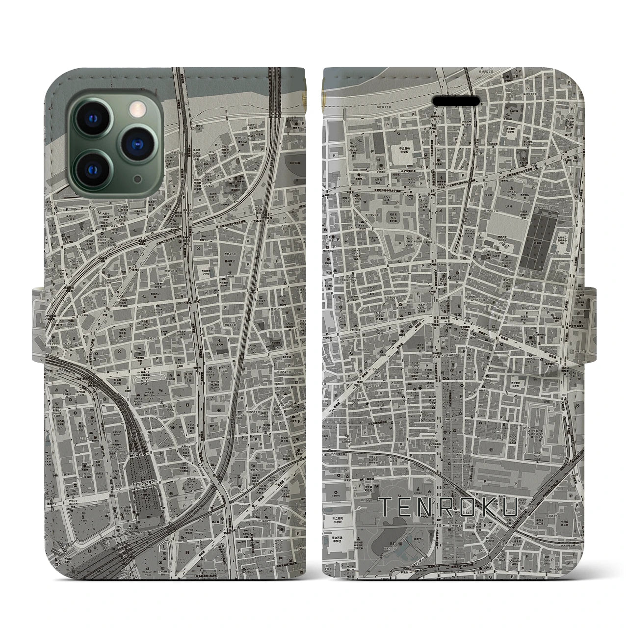 【天六(大阪府)】地図柄iPhoneケース(手帳タイプ)モノトーン・iPhone 11 Pro 用