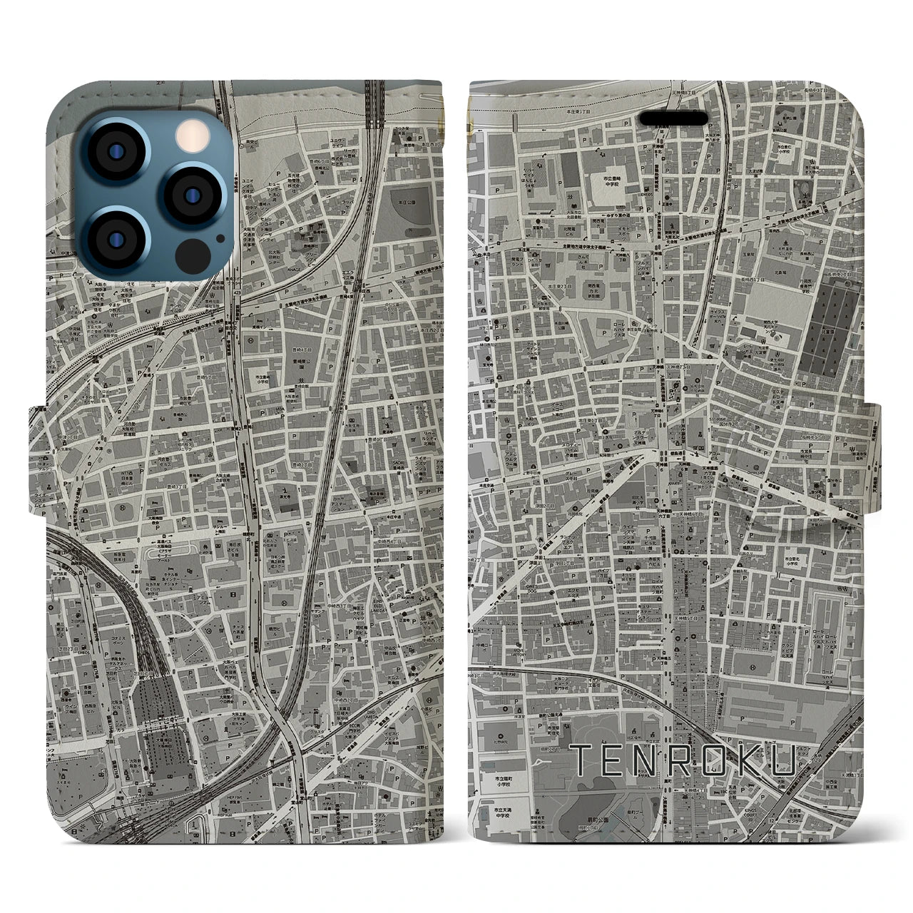 【天六(大阪府)】地図柄iPhoneケース(手帳タイプ)モノトーン・iPhone 12 / 12 Pro 用