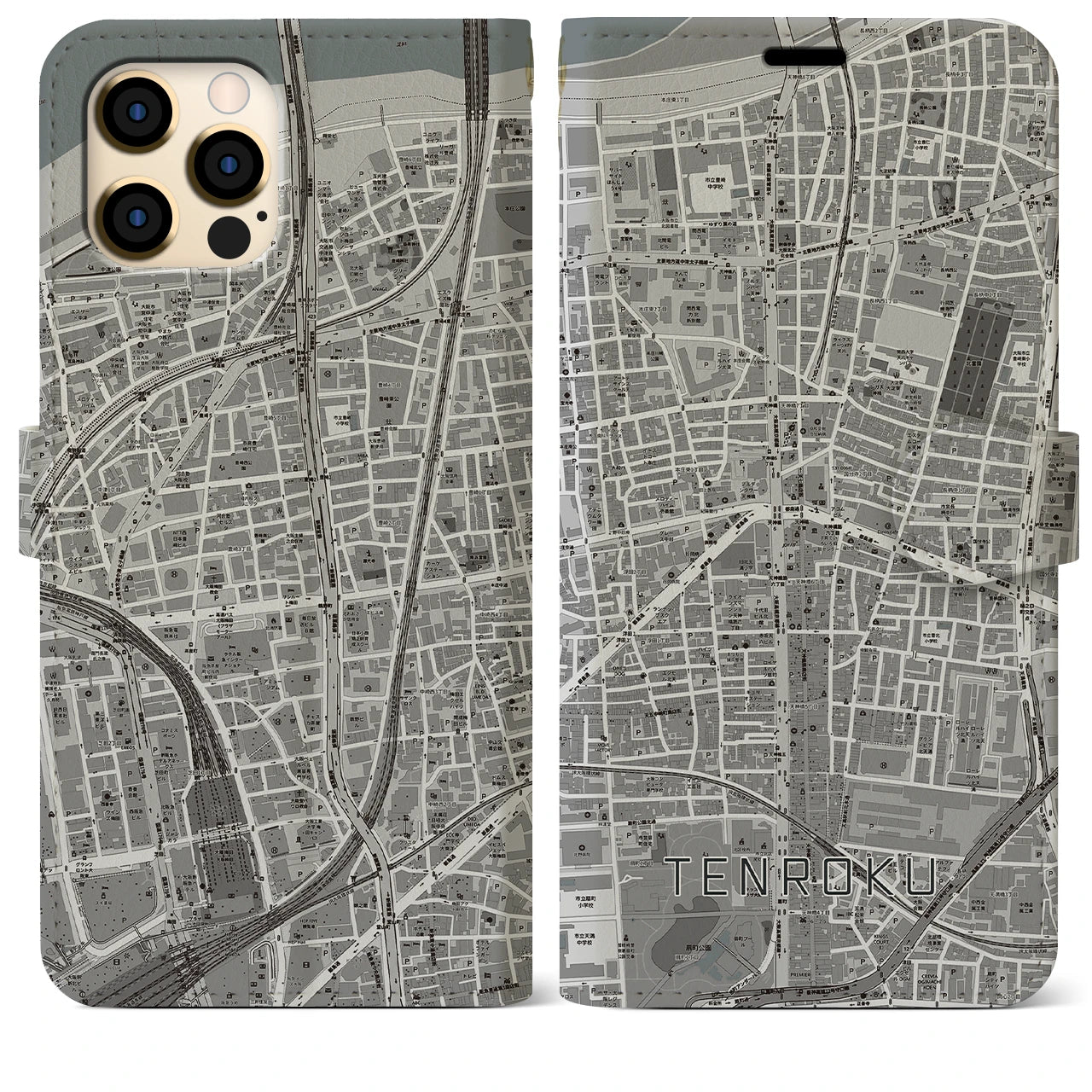 【天六(大阪府)】地図柄iPhoneケース(手帳タイプ)モノトーン・iPhone 12 Pro Max 用