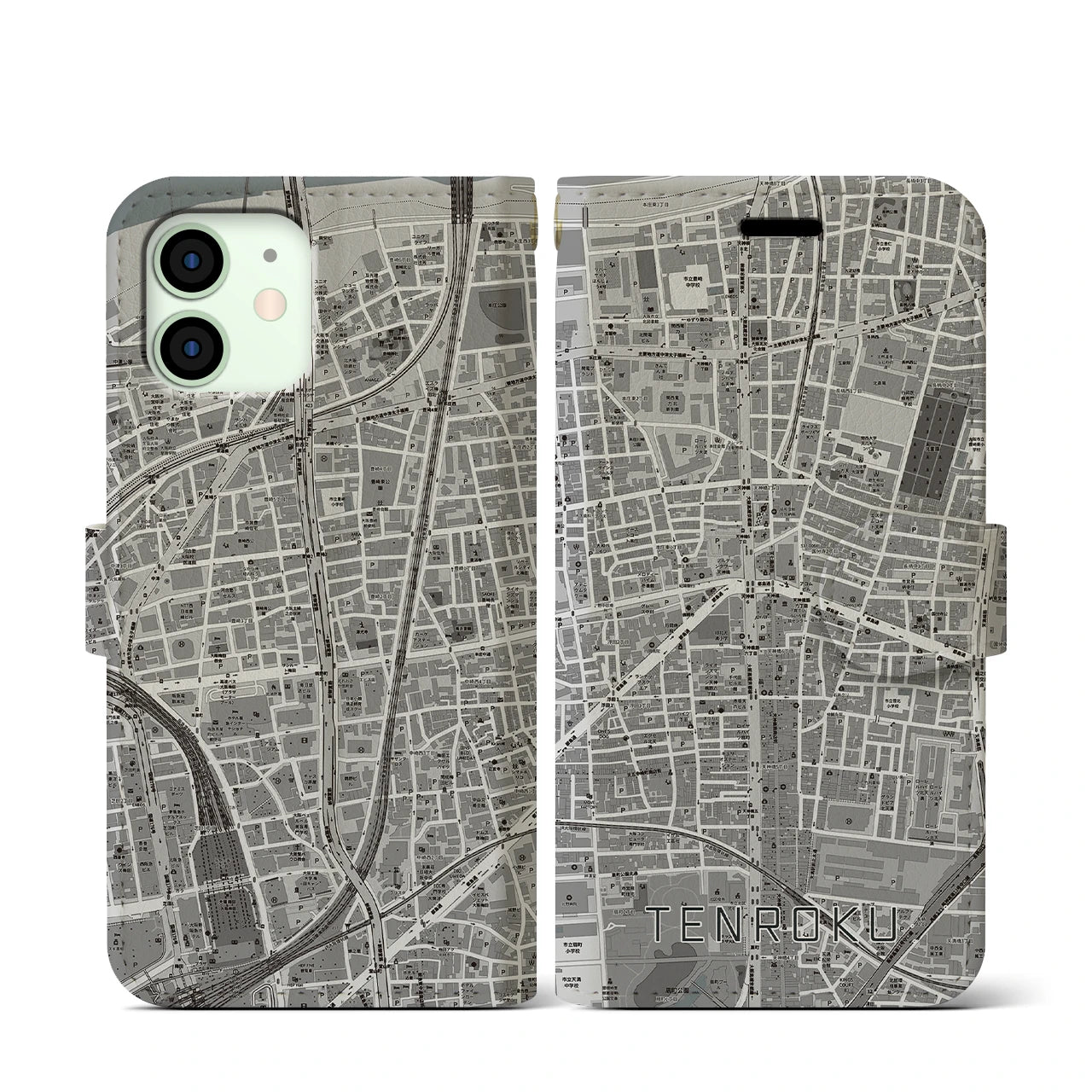 【天六(大阪府)】地図柄iPhoneケース(手帳タイプ)モノトーン・iPhone 12 mini 用