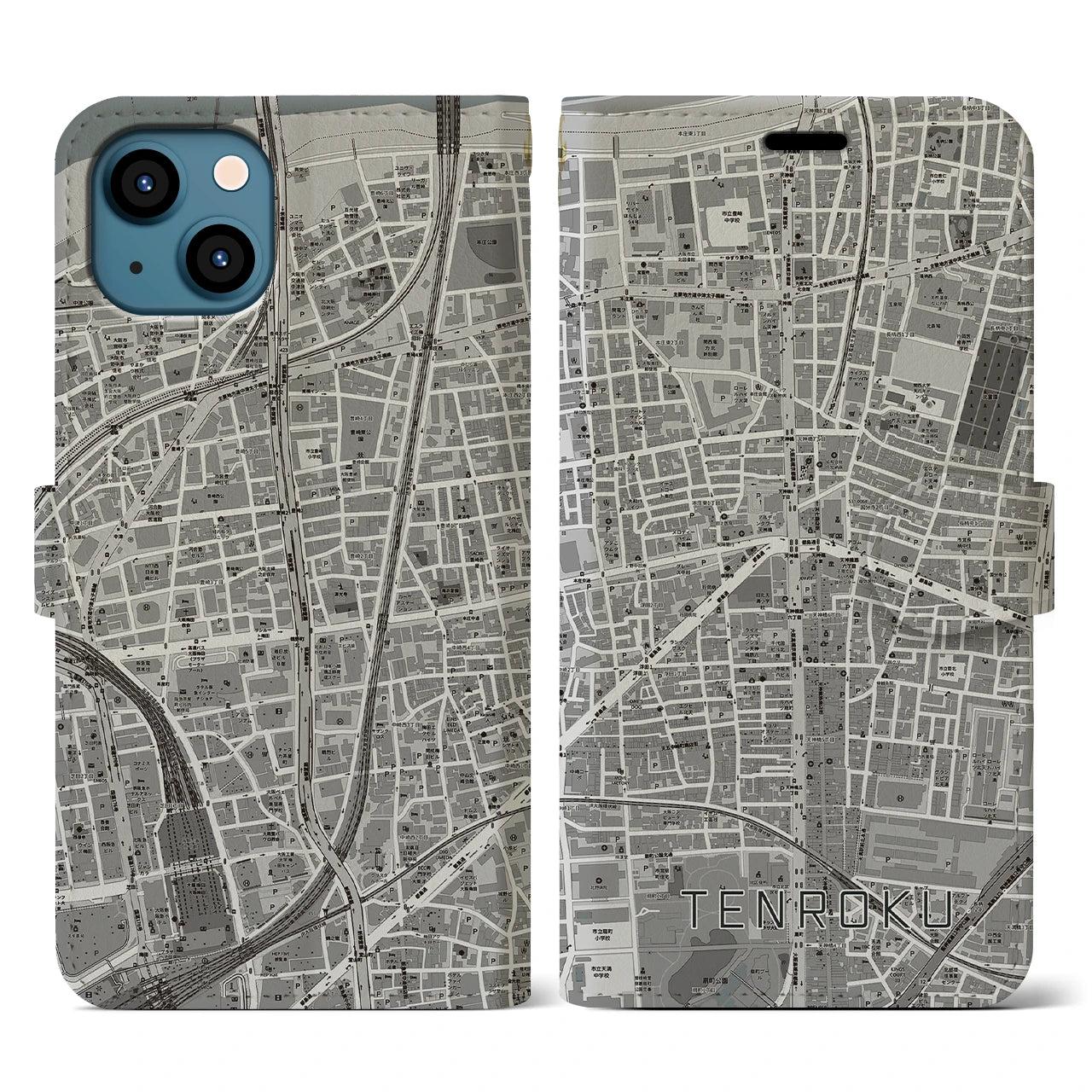 【天六(大阪府)】地図柄iPhoneケース(手帳タイプ)モノトーン・iPhone 13 用