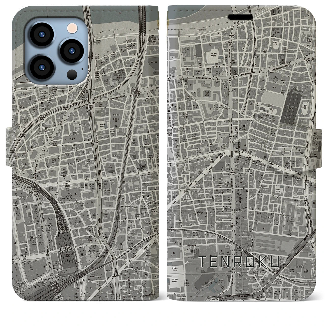 【天六(大阪府)】地図柄iPhoneケース(手帳タイプ)モノトーン・iPhone 13 Pro Max 用