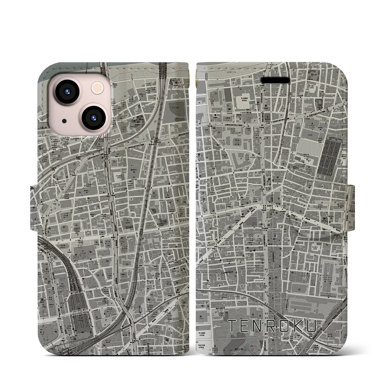 【天六(大阪府)】地図柄iPhoneケース(手帳タイプ)モノトーン・iPhone 13 mini 用