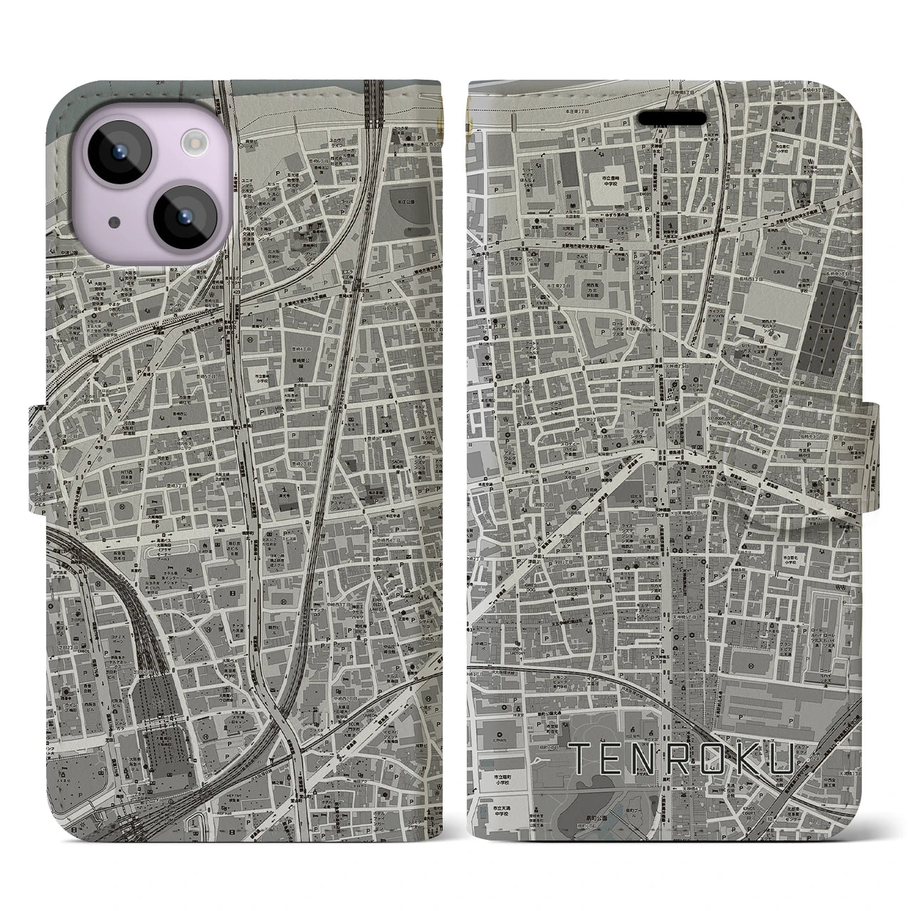 【天六(大阪府)】地図柄iPhoneケース(手帳タイプ)モノトーン・iPhone 14 用