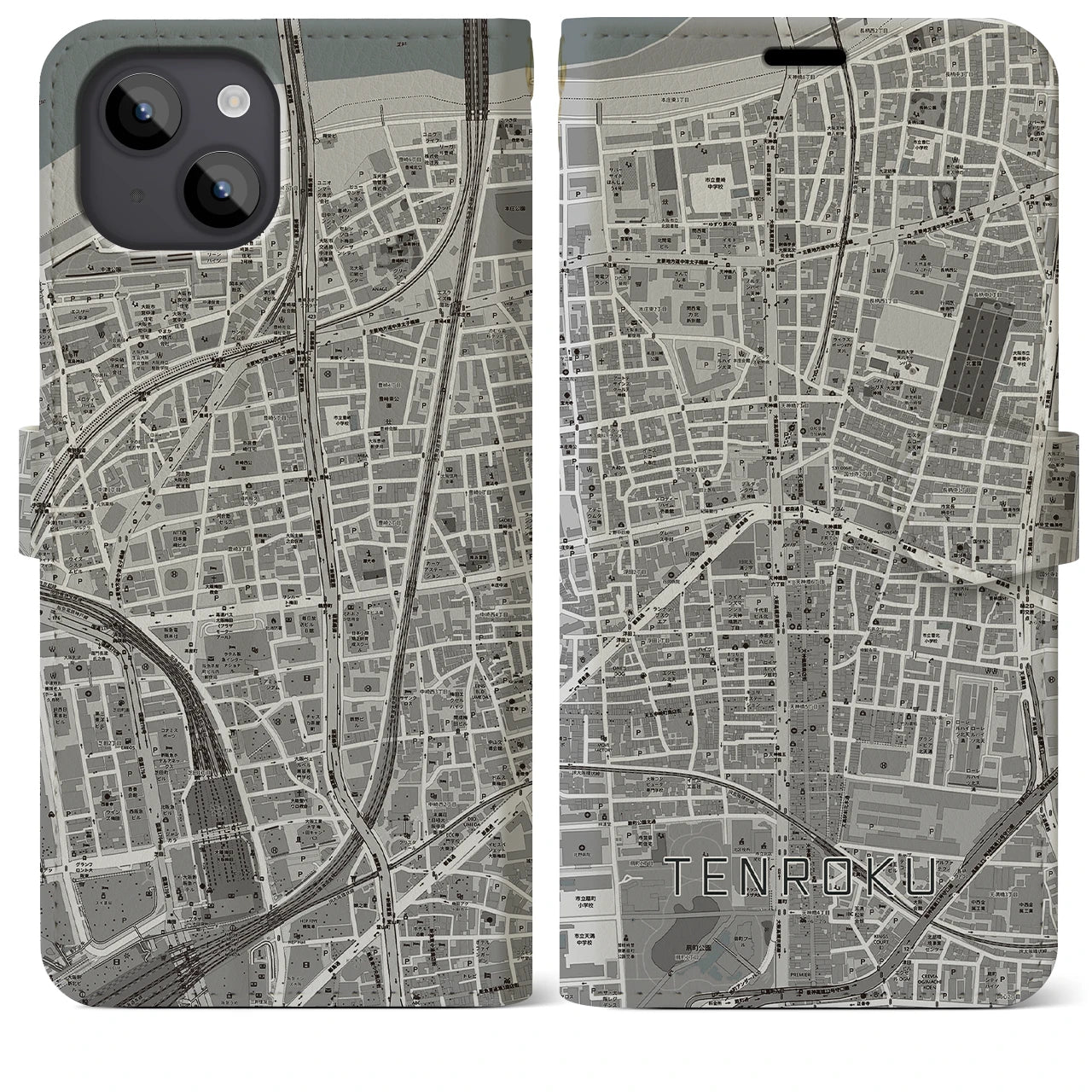 【天六(大阪府)】地図柄iPhoneケース(手帳タイプ)モノトーン・iPhone 14 Plus 用